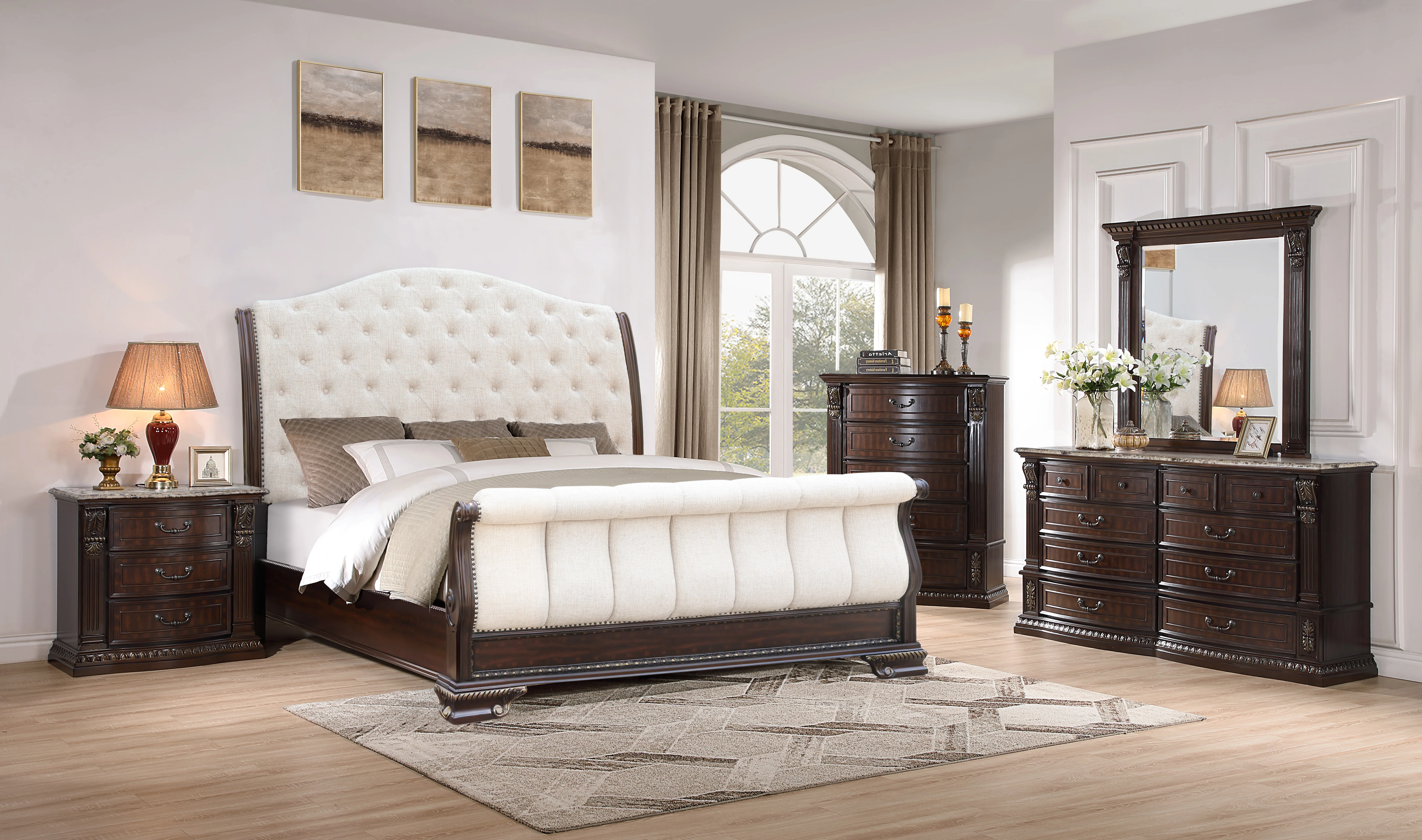 3138-cherry-marble-top-bedroom-set-tufted-sleigh-bed-dresser-mirror-nightstand-1.webp Cherry Marble-Top Bedroom Set - Tufted Sleigh Bed, Dresser & Mirror, Nightstand