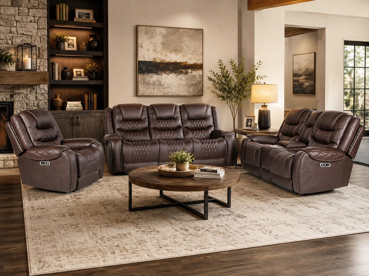 Umber Contemporary Top Grain Leather 3-Piece Dual Power Reclining Living Room Set with Console, USB & Wireless Charging