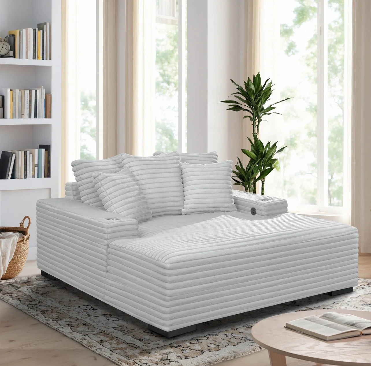 Stupendous Velvet Chaise Lounge with Cup Holders and USB Charging Port