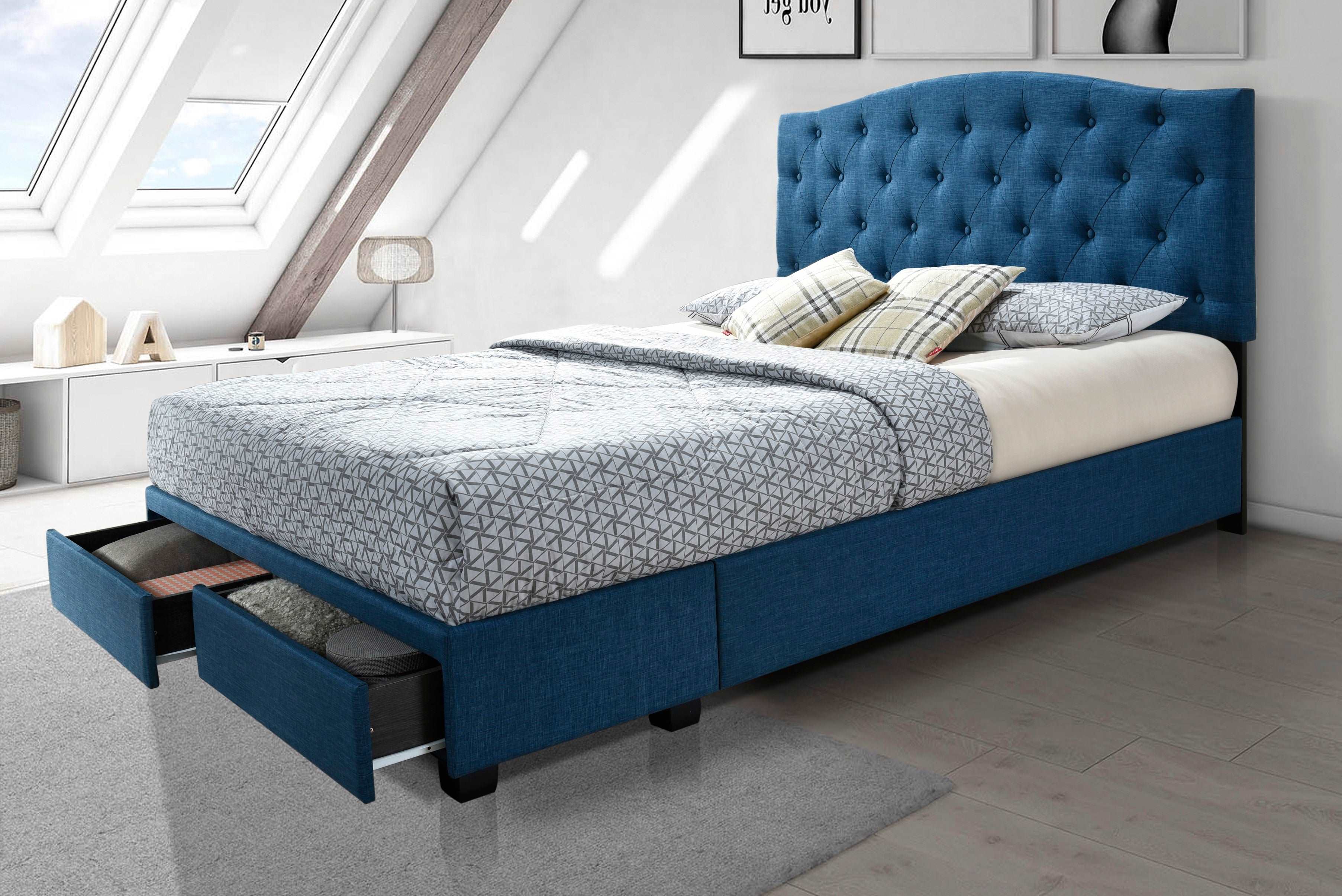 Blue Tufted Upholstered Storage Platform Bed with Drawers