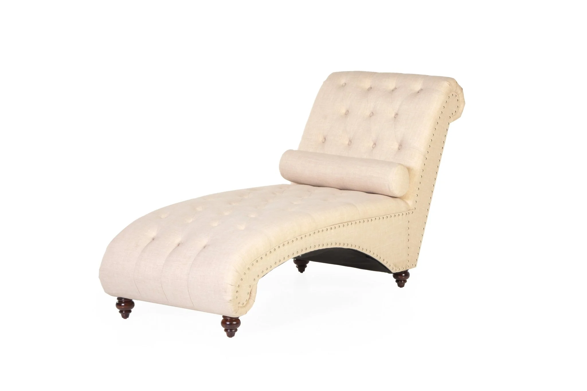 Beige Tufted Chaise Lounge with Nailhead Trim & Bolster Pillow
