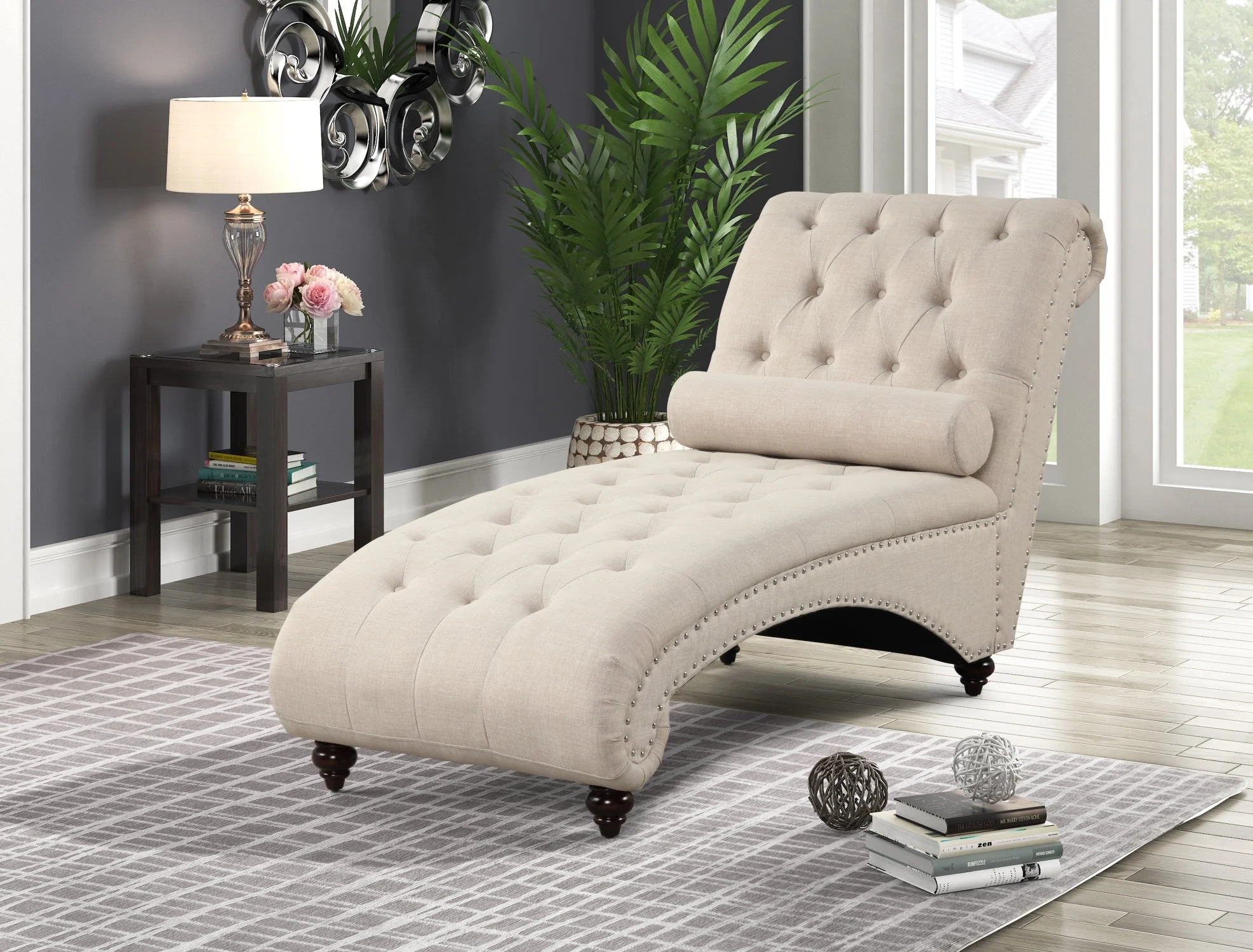 349-beige-tufted-chaise-lounge-with-nailhead-trim-bolster-pillow-4.webp Beige Tufted Chaise Lounge with Nailhead Trim & Bolster Pillow
