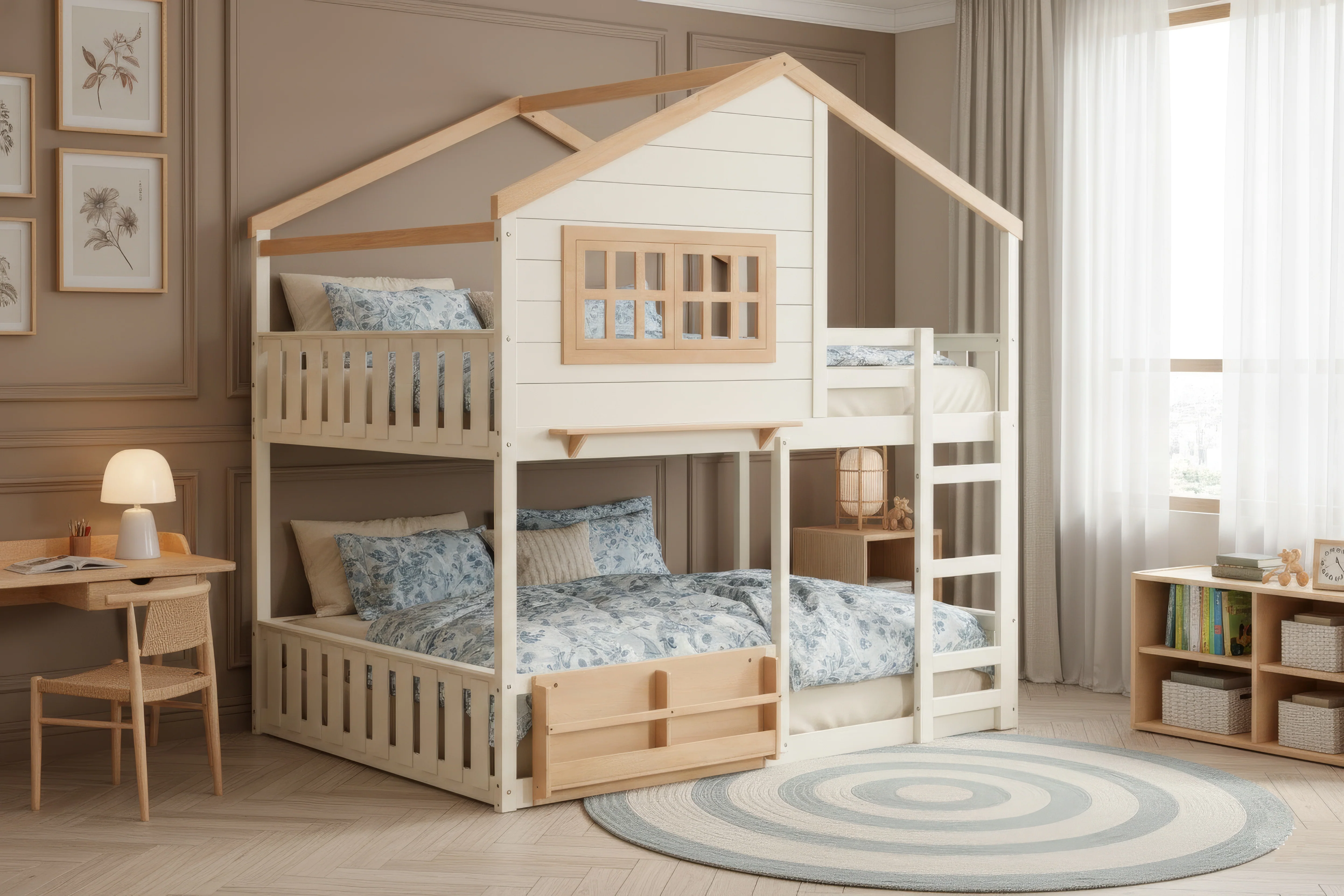 3602-modern-farmhouse-house-frame-full-over-full-bunk-bed-with-ladder-built-in-shelf-cream-1.webp Modern Farmhouse House-Frame Full-over-Full Bunk Bed with Ladder & Built-In Shelf (Cream)