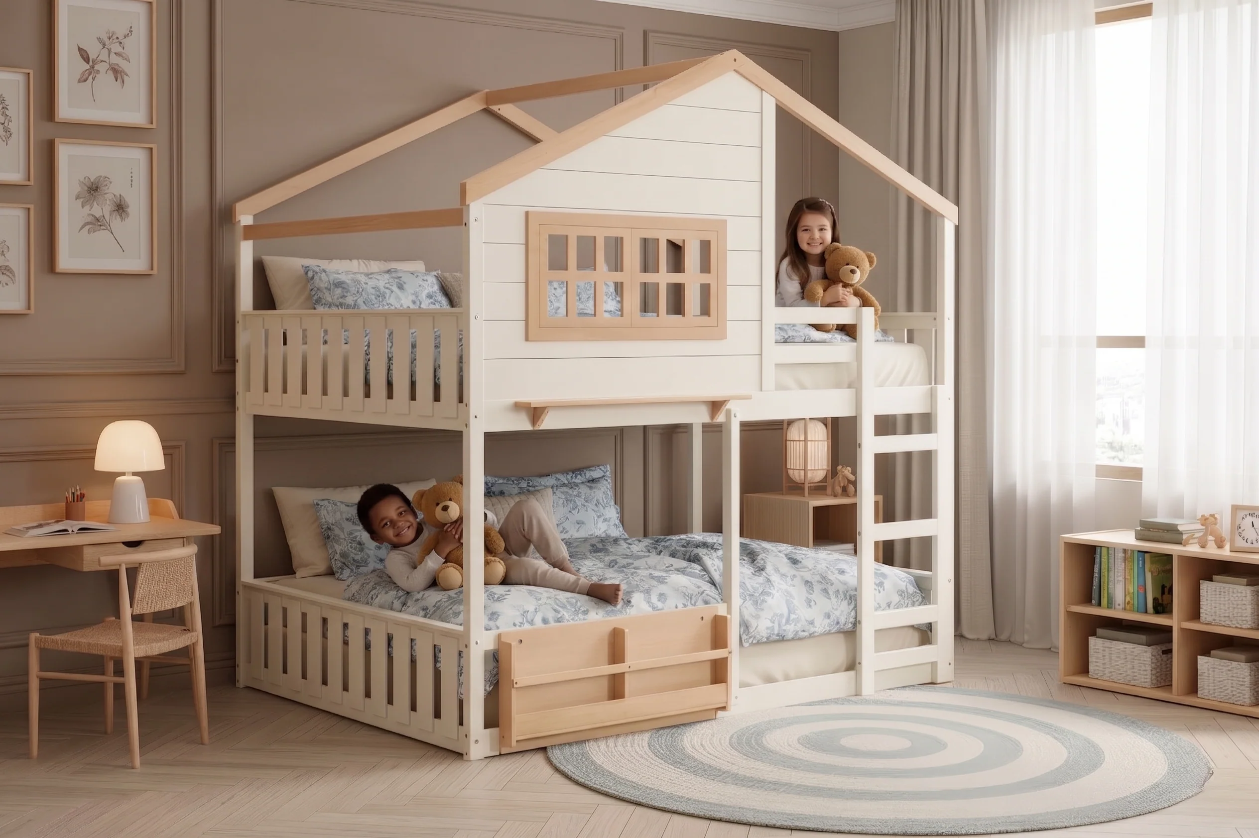 3602-modern-farmhouse-house-frame-full-over-full-bunk-bed-with-ladder-built-in-shelf-cream-2.webp Modern Farmhouse House-Frame Full-over-Full Bunk Bed with Ladder & Built-In Shelf (Cream)