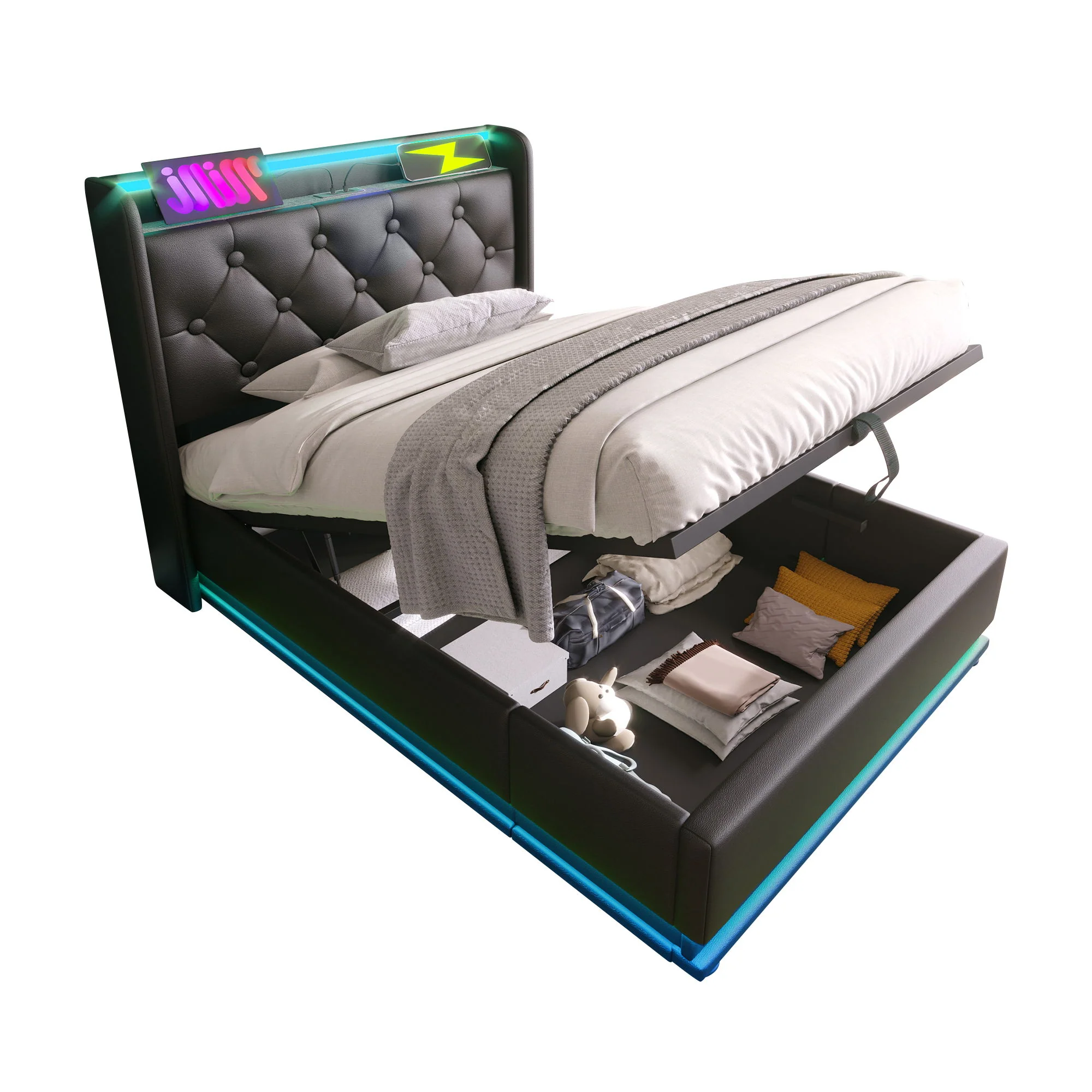3614-upholstered-bed-360-surround-led-function-remote-control-hydraulic-storage-bed-with-usb-type-c-charging-without-mattress-1.webp Upholstered Bed, 360 Surround LED Function, Remote Control, Hydraulic Storage Bed With USB, Type-C Charging (Without Mattress)