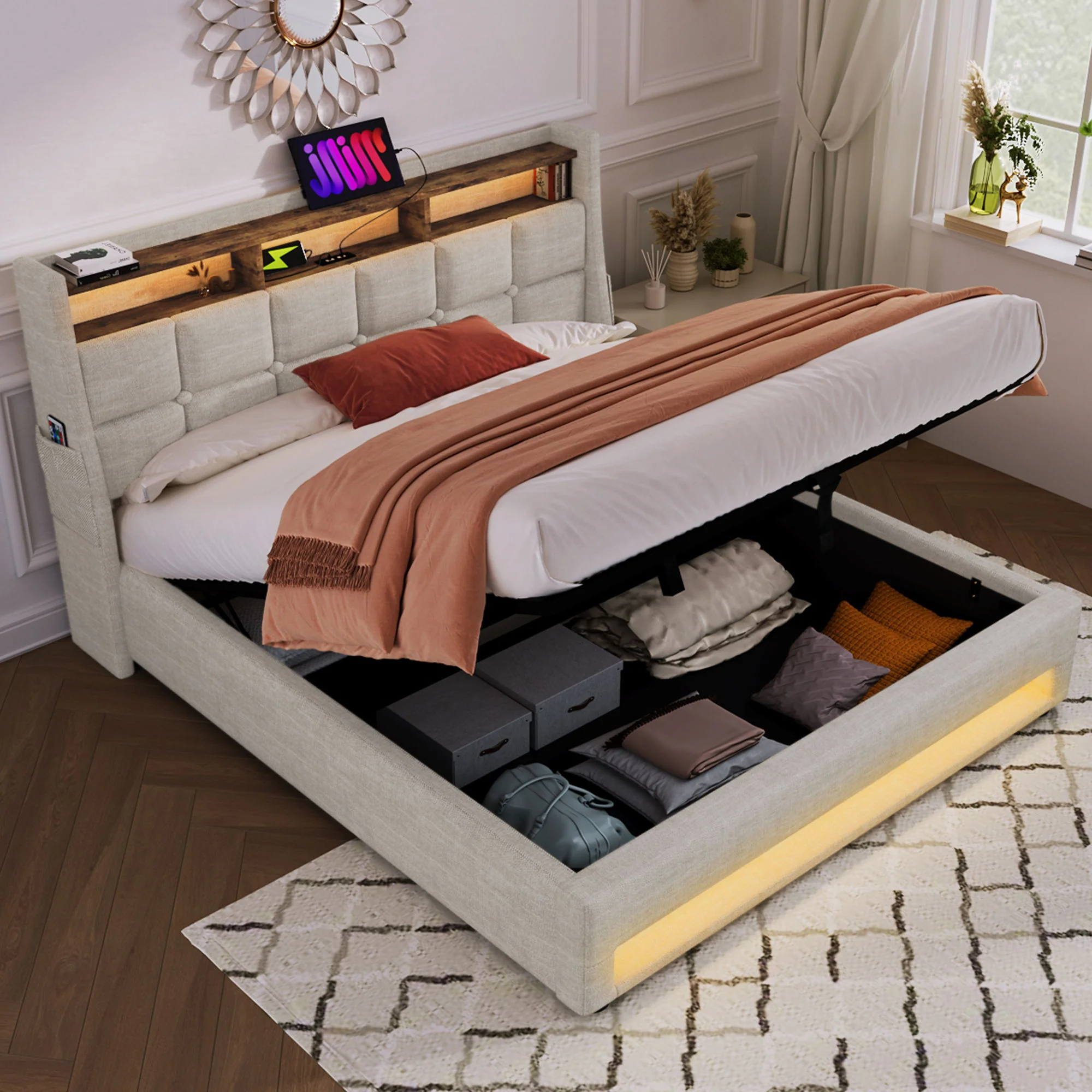 3623-upholstered-platform-bed-with-a-hydraulic-storage-system-led-and-usb-charging-without-mattress-10.webp Upholstered Platform Bed With A Hydraulic Storage System, LED And USB Charging (Without Mattress)