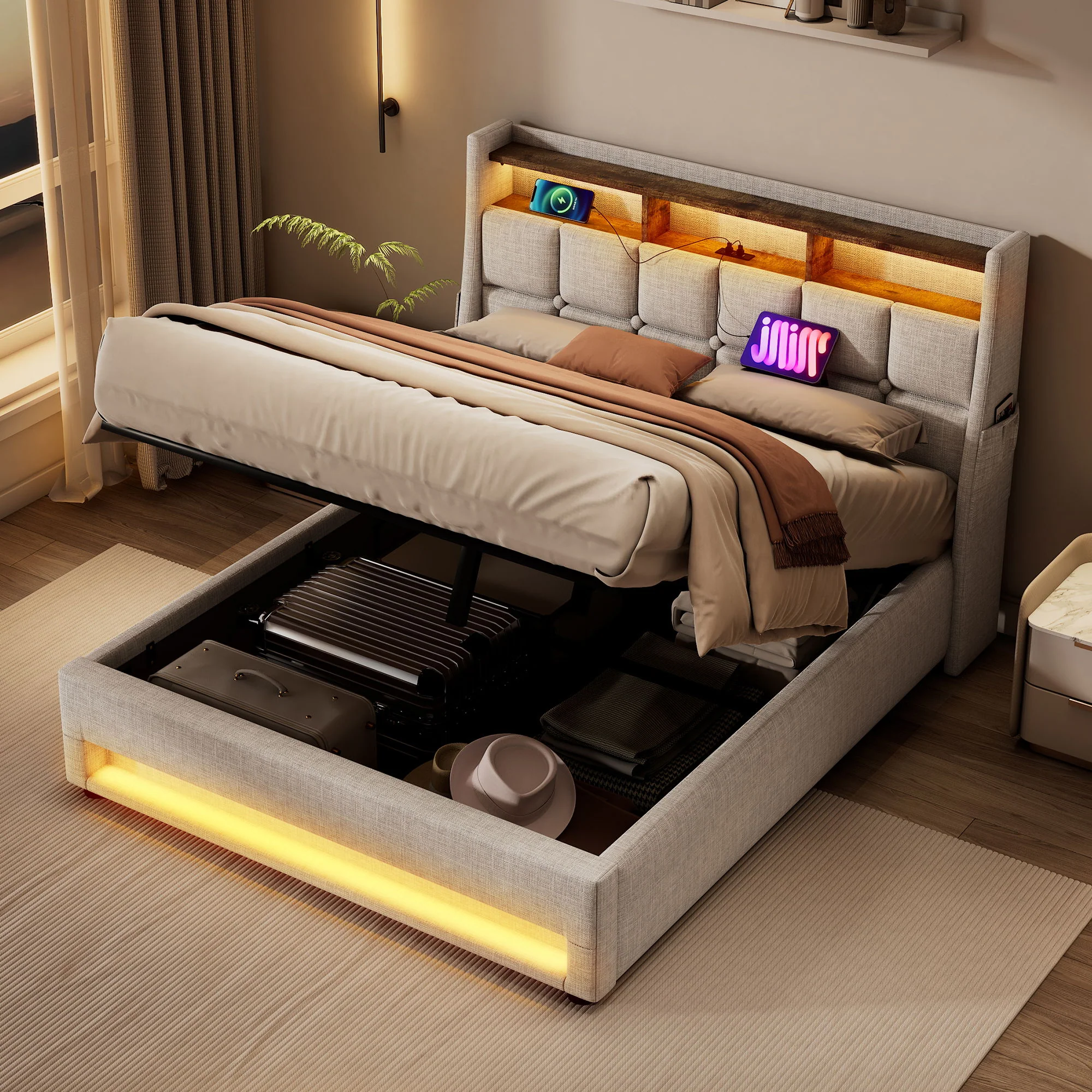 3623-upholstered-platform-bed-with-a-hydraulic-storage-system-led-and-usb-charging-without-mattress-11.webp Upholstered Platform Bed With A Hydraulic Storage System, LED And USB Charging (Without Mattress)