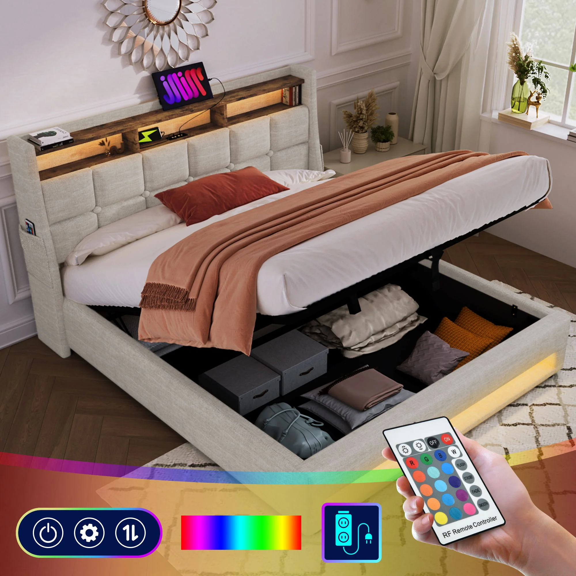 3623-upholstered-platform-bed-with-a-hydraulic-storage-system-led-and-usb-charging-without-mattress-20.webp Upholstered Platform Bed With A Hydraulic Storage System, LED And USB Charging (Without Mattress)