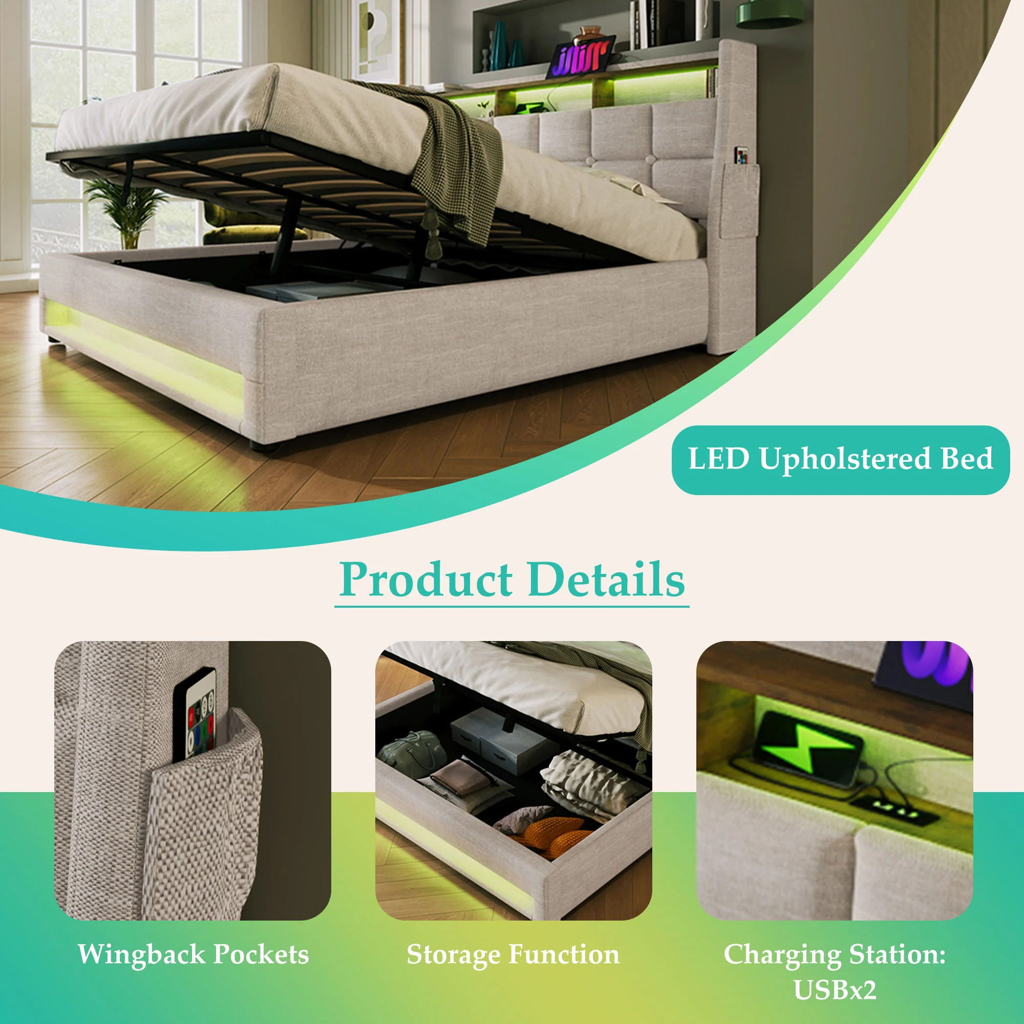 3623-upholstered-platform-bed-with-a-hydraulic-storage-system-led-and-usb-charging-without-mattress-21.webp Upholstered Platform Bed With A Hydraulic Storage System, LED And USB Charging (Without Mattress)
