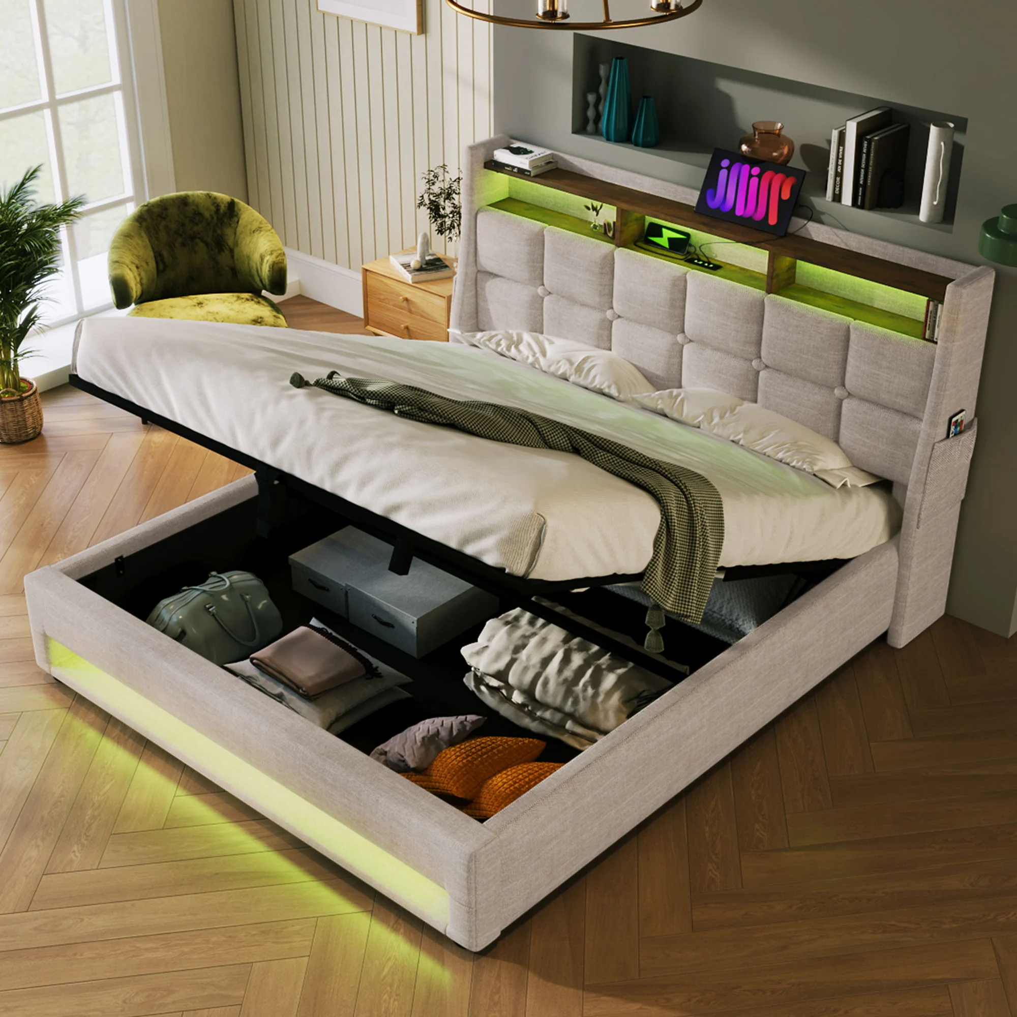 3623-upholstered-platform-bed-with-a-hydraulic-storage-system-led-and-usb-charging-without-mattress-25.webp Upholstered Platform Bed With A Hydraulic Storage System, LED And USB Charging (Without Mattress)
