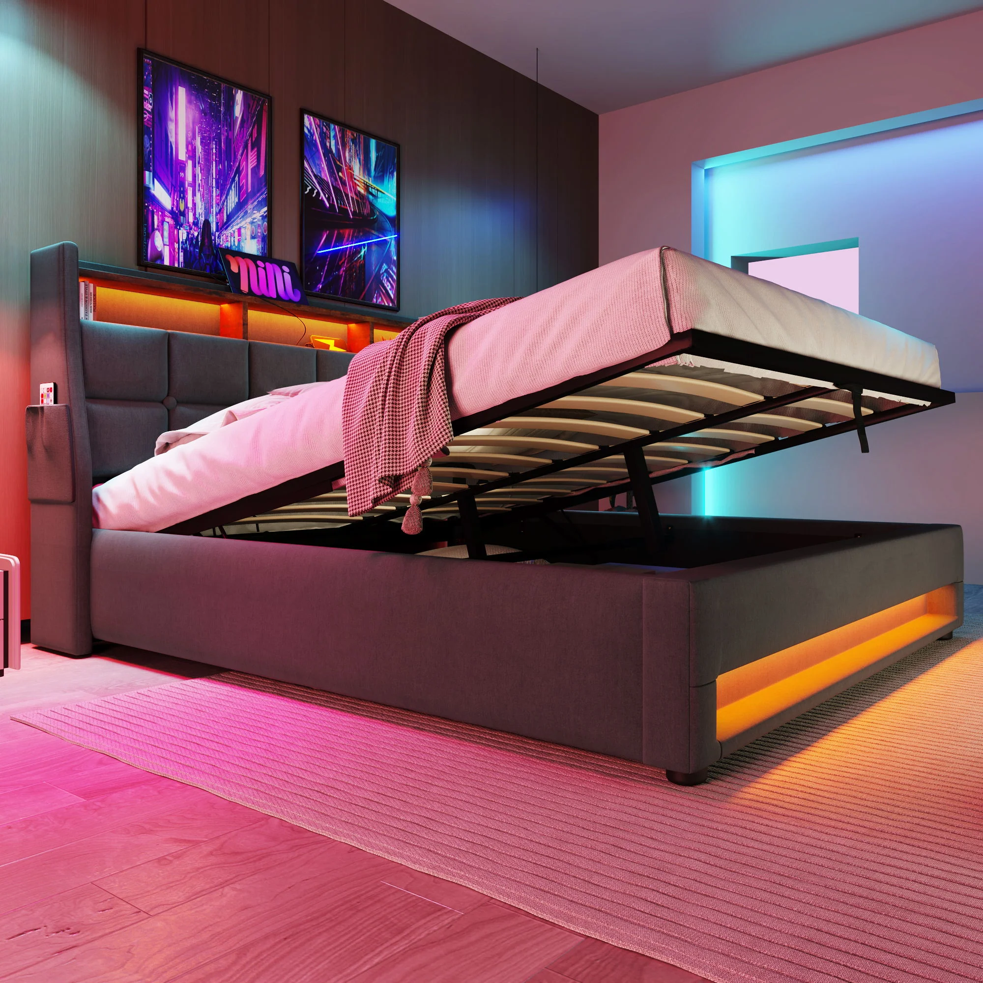 3623-upholstered-platform-bed-with-a-hydraulic-storage-system-led-and-usb-charging-without-mattress-30.webp Upholstered Platform Bed With A Hydraulic Storage System, LED And USB Charging (Without Mattress)