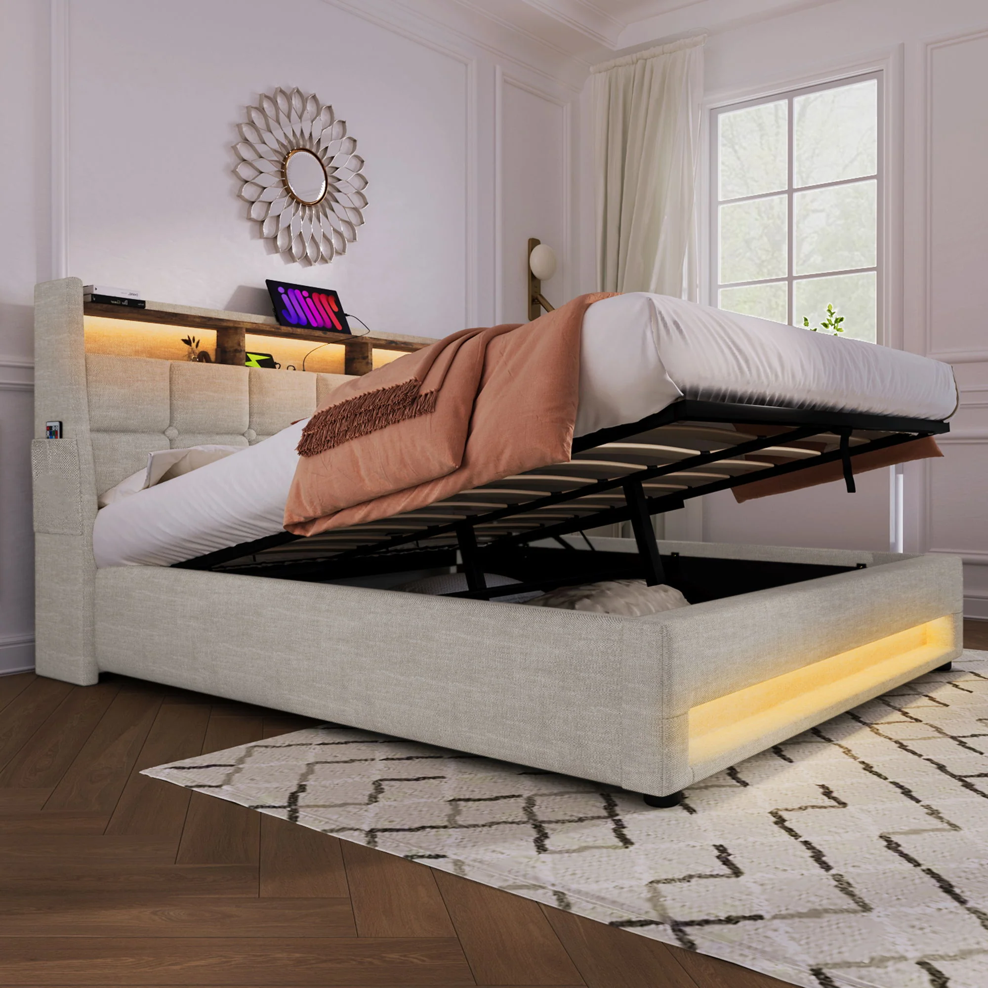 3623-upholstered-platform-bed-with-a-hydraulic-storage-system-led-and-usb-charging-without-mattress-52.webp Upholstered Platform Bed With A Hydraulic Storage System, LED And USB Charging (Without Mattress)