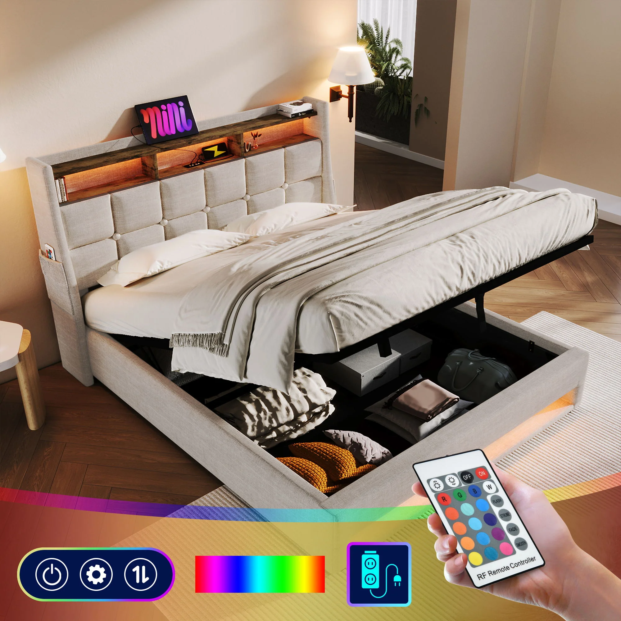 3623-upholstered-platform-bed-with-a-hydraulic-storage-system-led-and-usb-charging-without-mattress-6.webp Upholstered Platform Bed With A Hydraulic Storage System, LED And USB Charging (Without Mattress)