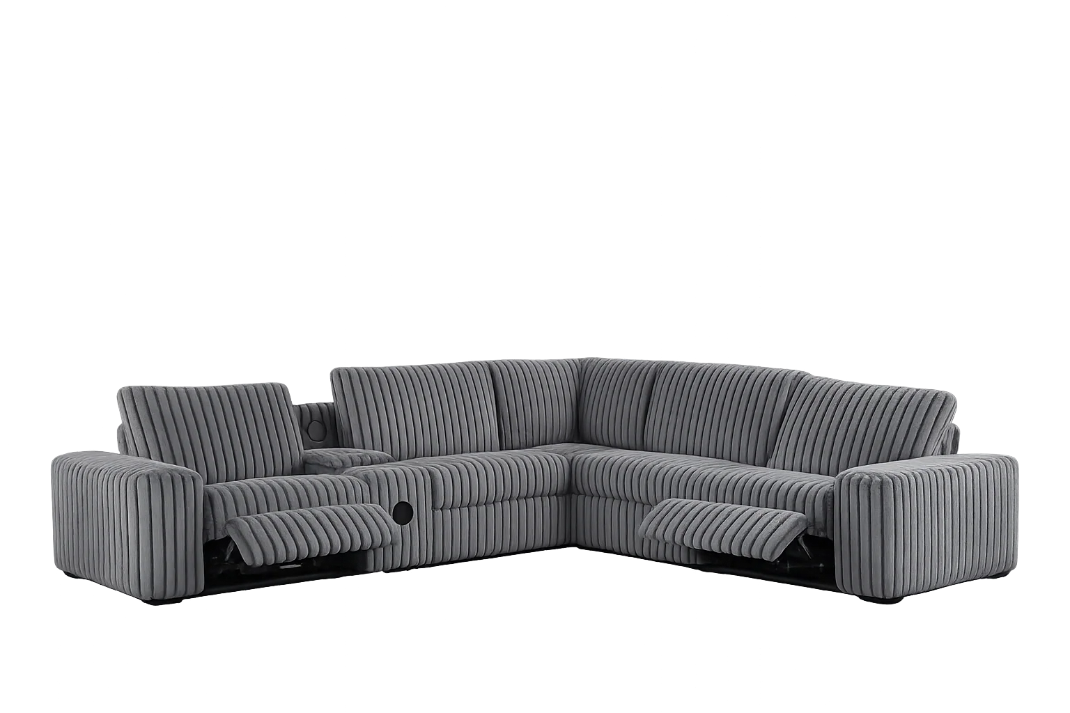 Amelia Charcoal Corduroy Fabric Power Reclining Sectional with Storage Console & Bluetooth Speakers