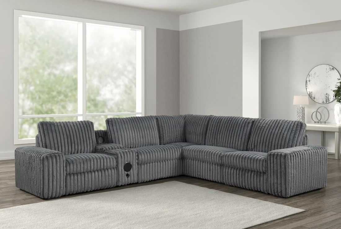 Amelia Charcoal Corduroy Fabric Power Reclining Sectional with Storage Console & Bluetooth Speakers