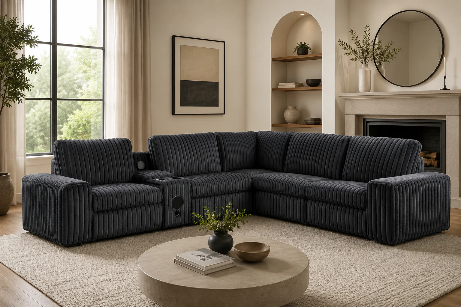 Amelia Onyx Corduroy Fabric Power Reclining Sectional with Storage Console & Bluetooth Speakers