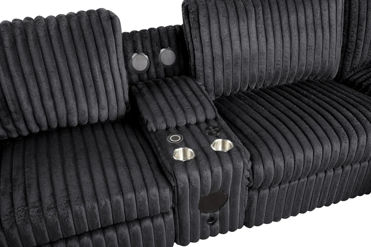Amelia Onyx Corduroy Fabric Power Reclining Sectional with Storage Console & Bluetooth Speakers