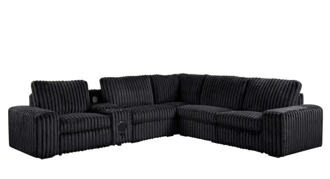 Amelia Onyx Corduroy Fabric Power Reclining Sectional with Storage Console & Bluetooth Speakers