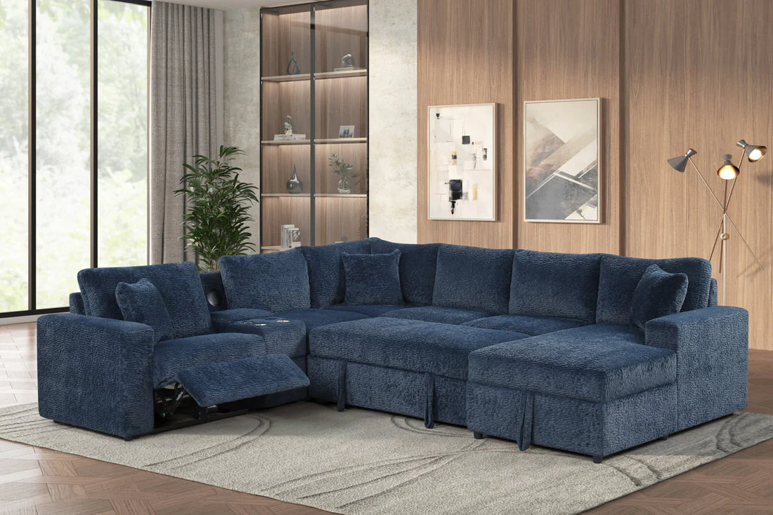 Hunter Blue Sleeper Sectional Sofa with Pull‑Out Bed, Storage Chaise, and LAF Recliner