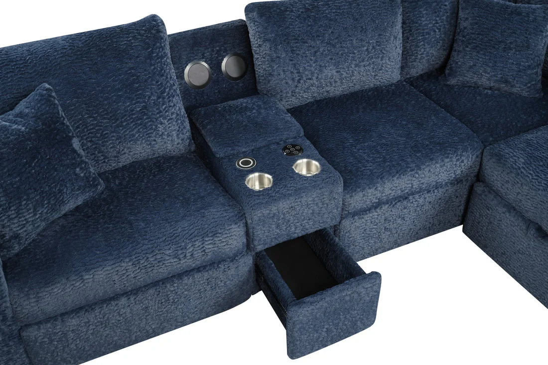 Hunter Blue Sleeper Sectional Sofa with Pull‑Out Bed, Storage Chaise, and LAF Recliner