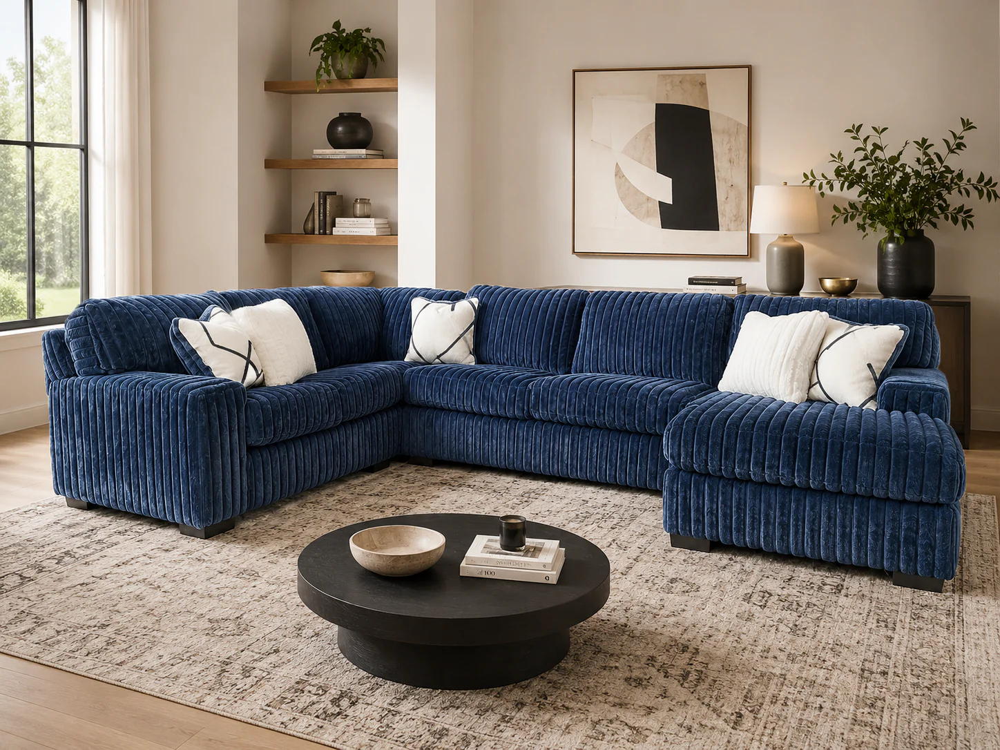 Contemporary Navy Blue Corduroy L-Shaped Sectional Sofa with Oversized Chaise, Deep Seating & Ribbed Plush Design