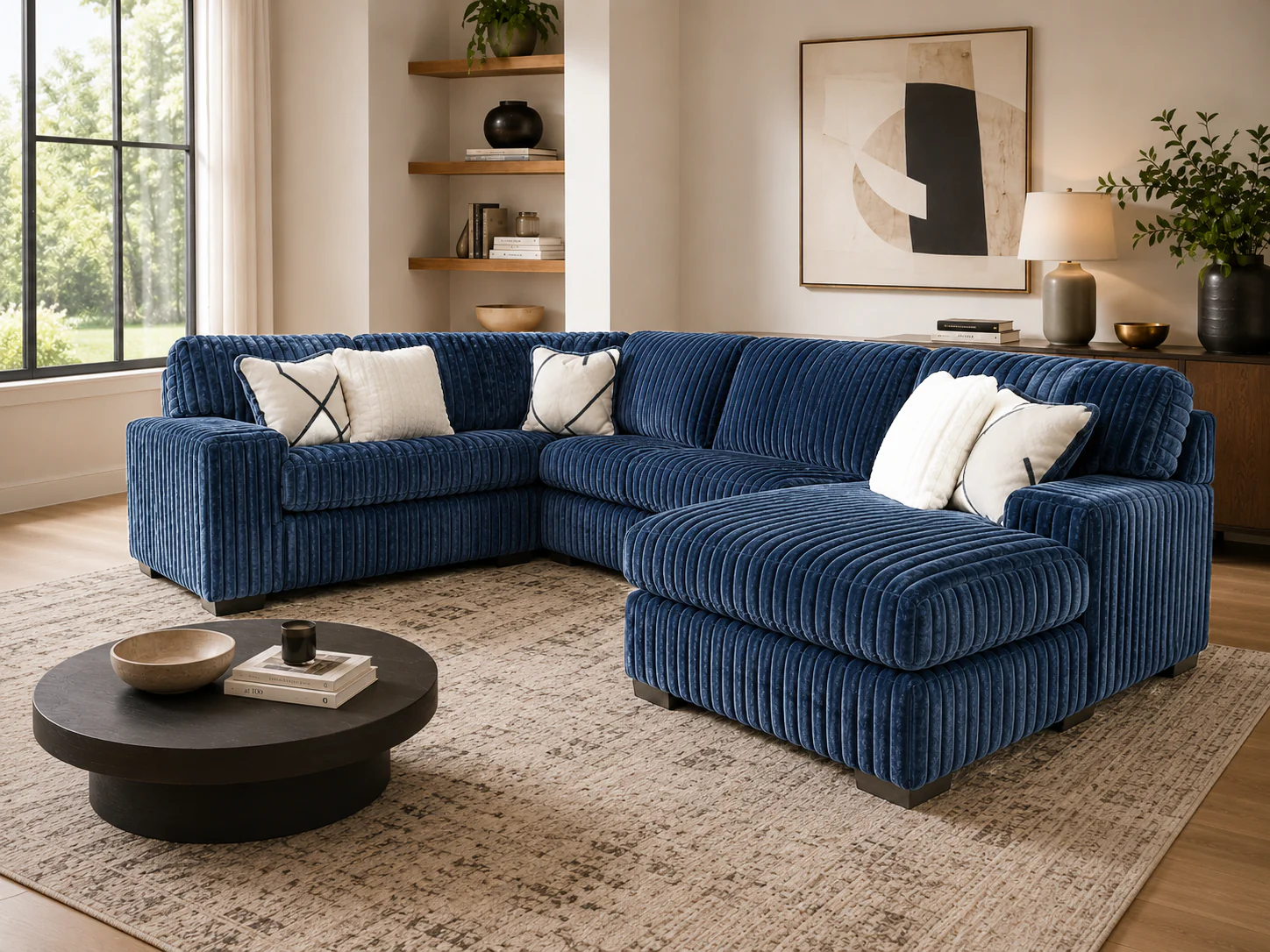 Contemporary Navy Blue Corduroy L-Shaped Sectional Sofa with Oversized Chaise, Deep Seating & Ribbed Plush Design