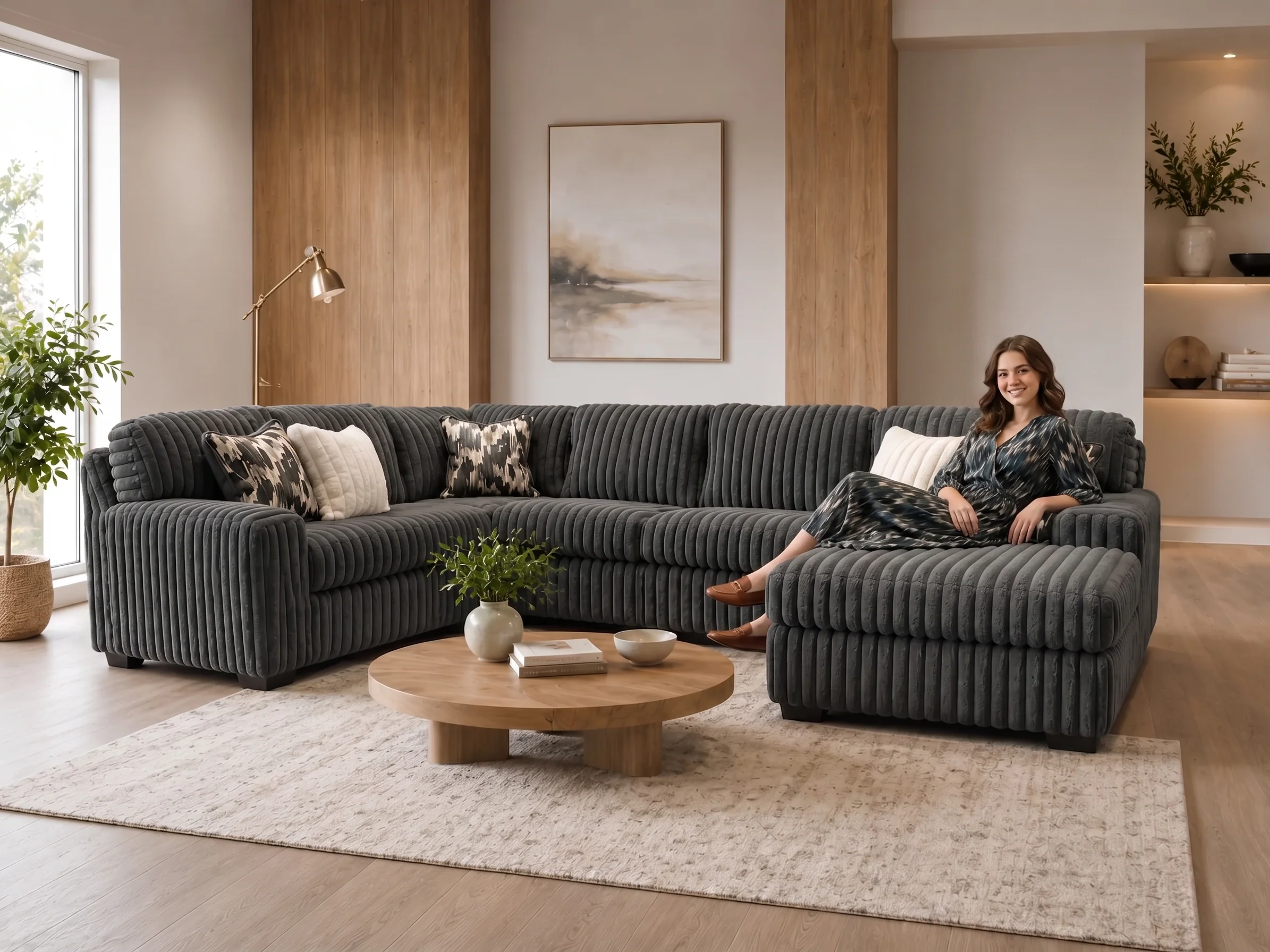 Contemporary Charcoal Corduroy L-Shaped Sectional Sofa with Oversized Chaise, Deep Seating & Ribbed Plush Design