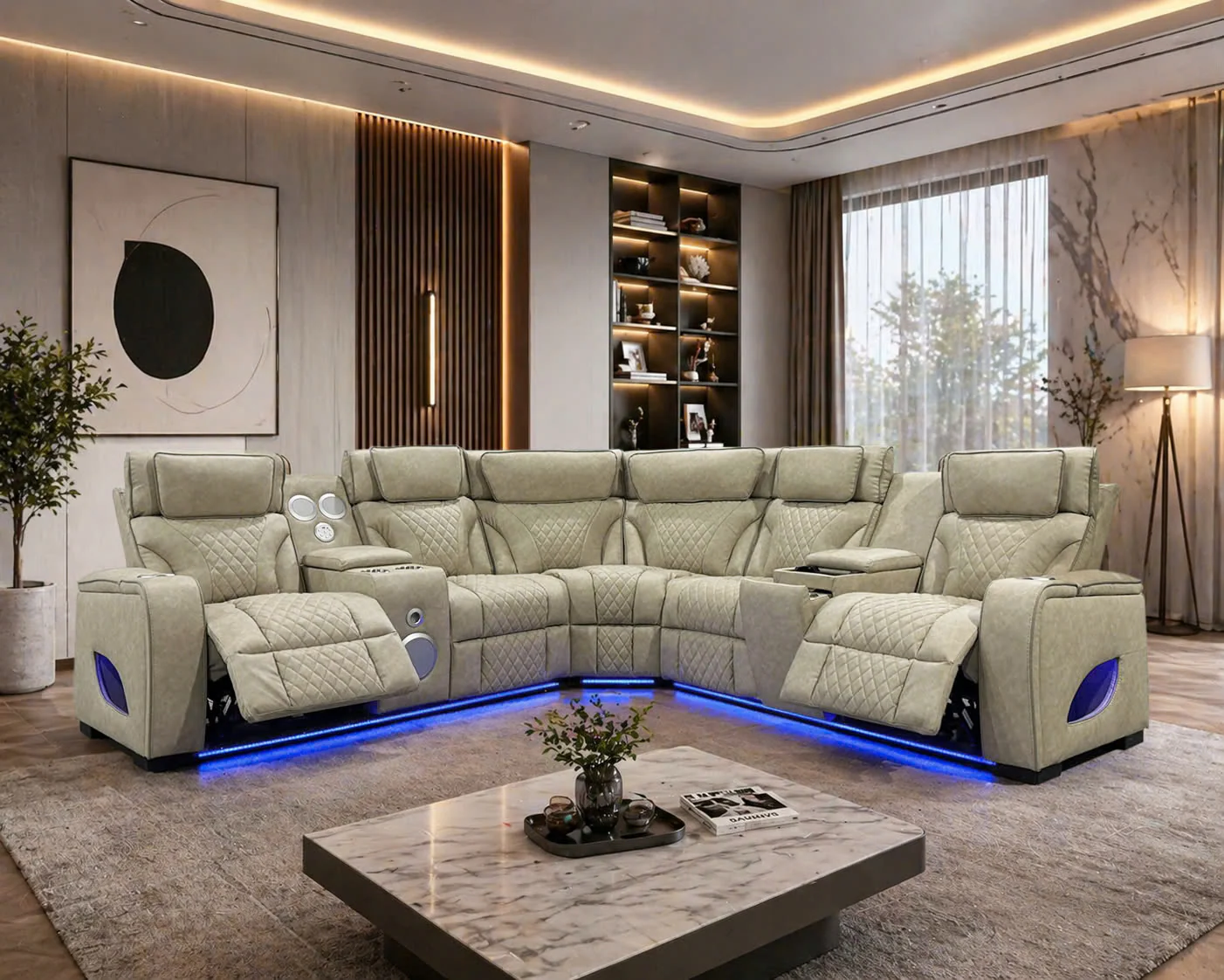 3-Piece Beige Power Reclining Sectional with Power Headrest, LED, Speakers & Wireless Charging