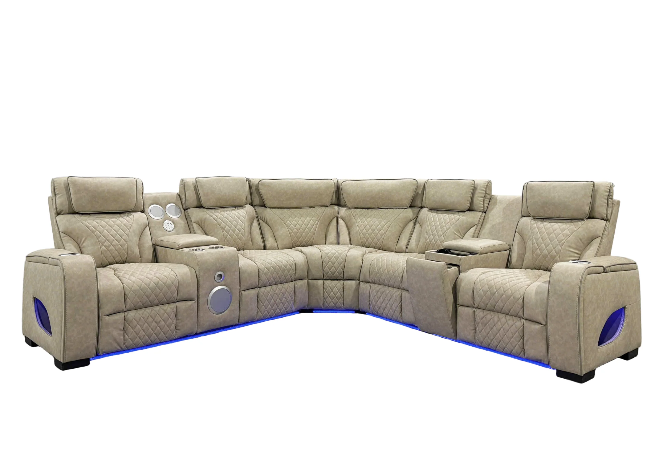 3-Piece Beige Power Reclining Sectional with Power Headrest, LED, Speakers & Wireless Charging