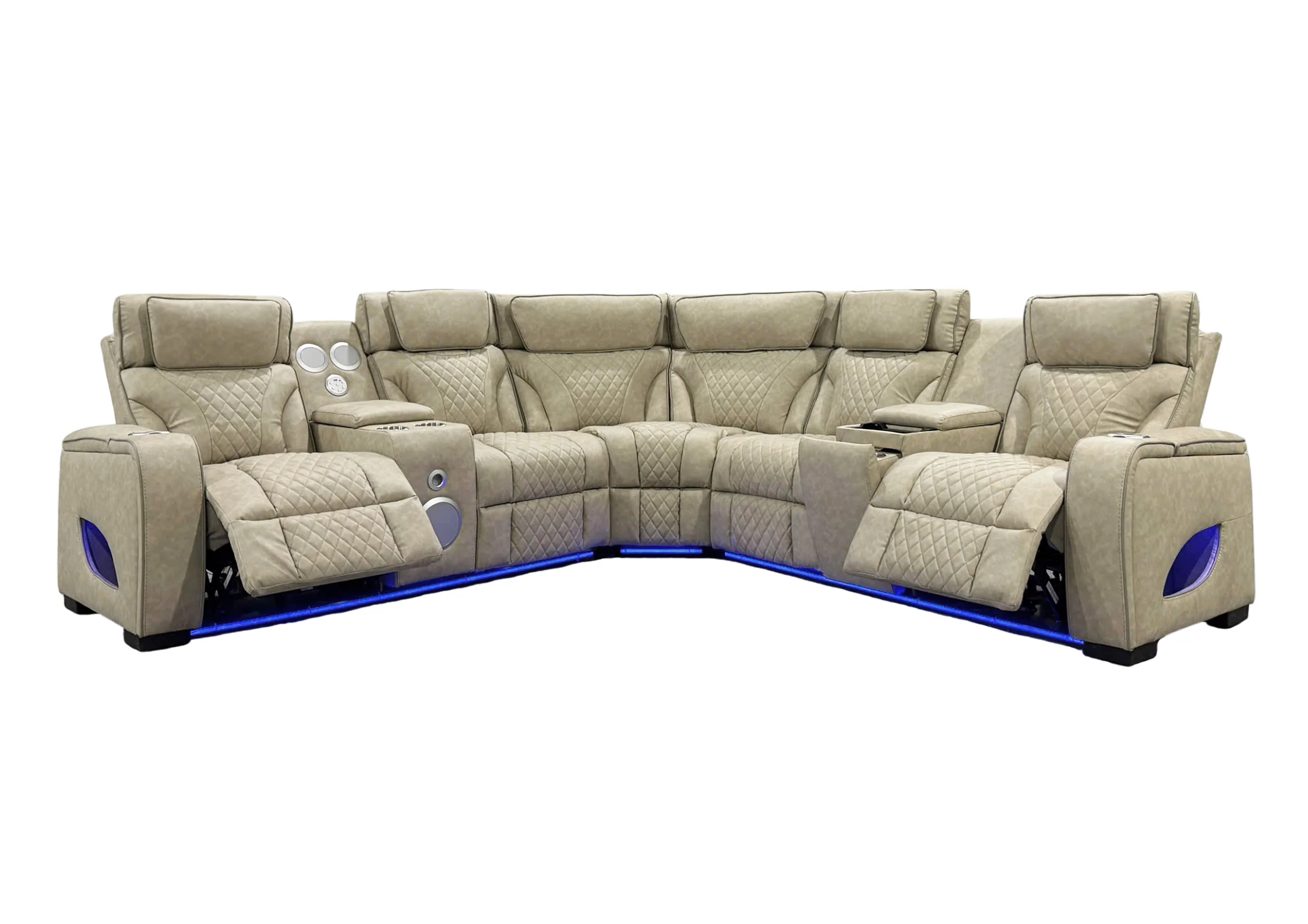 3-Piece Beige Power Reclining Sectional with Power Headrest, LED, Speakers & Wireless Charging