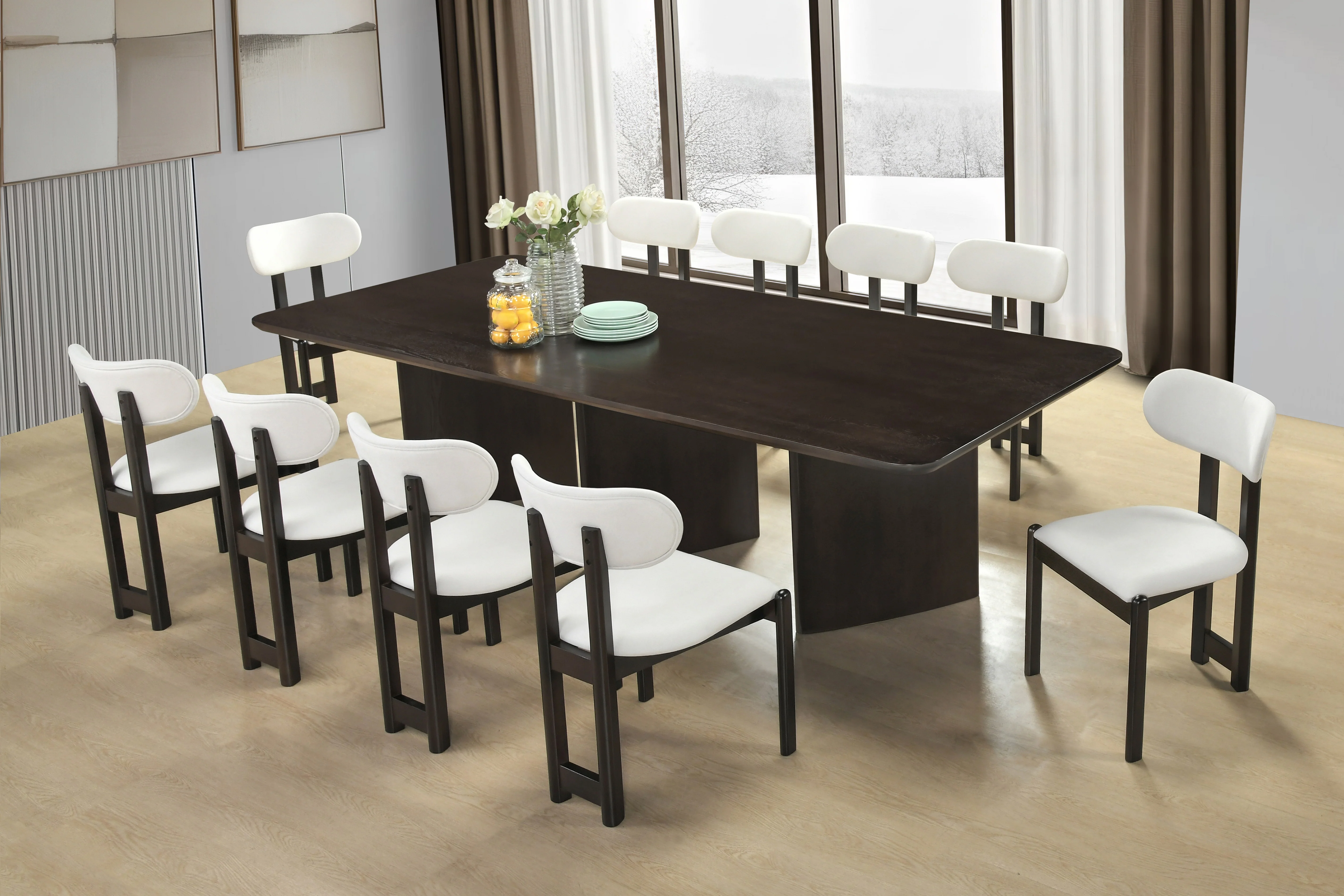 Modern Dark Cappuccino Rectangular Pedestal 11 Piece Dining Set with White Upholstered Curved Back Chairs