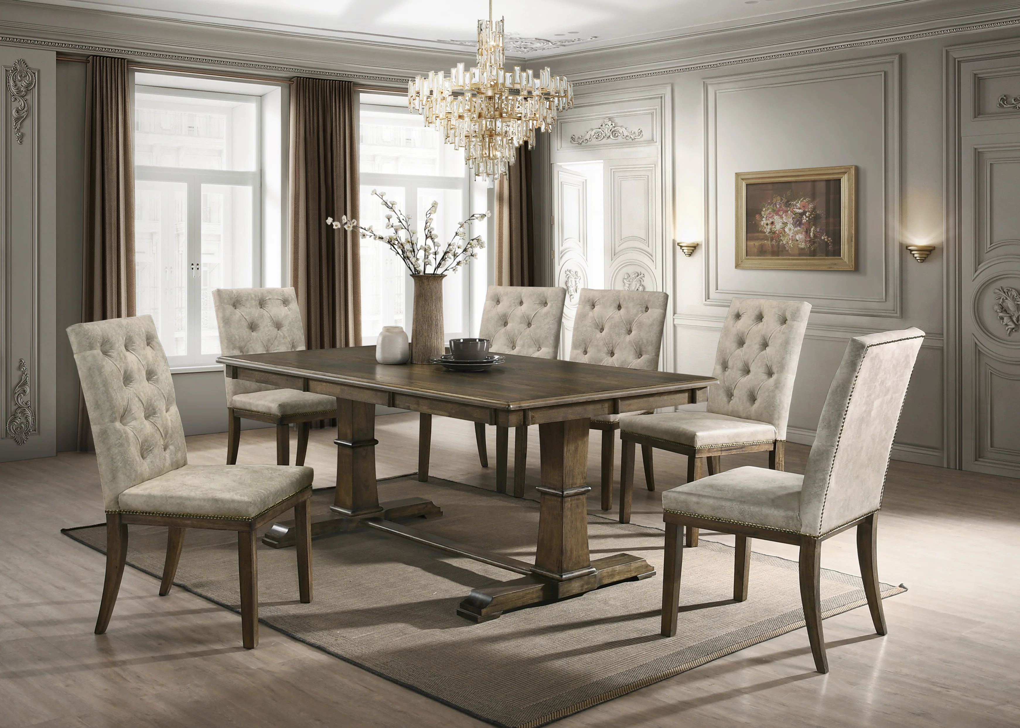 3645-traditional-brown-oak-rectangular-trestle-7-piece-dining-set-with-light-gray-tufted-chairs-1.webp Traditional Brown Oak Rectangular Trestle 7 Piece Dining Set with Light Gray Tufted Chairs
