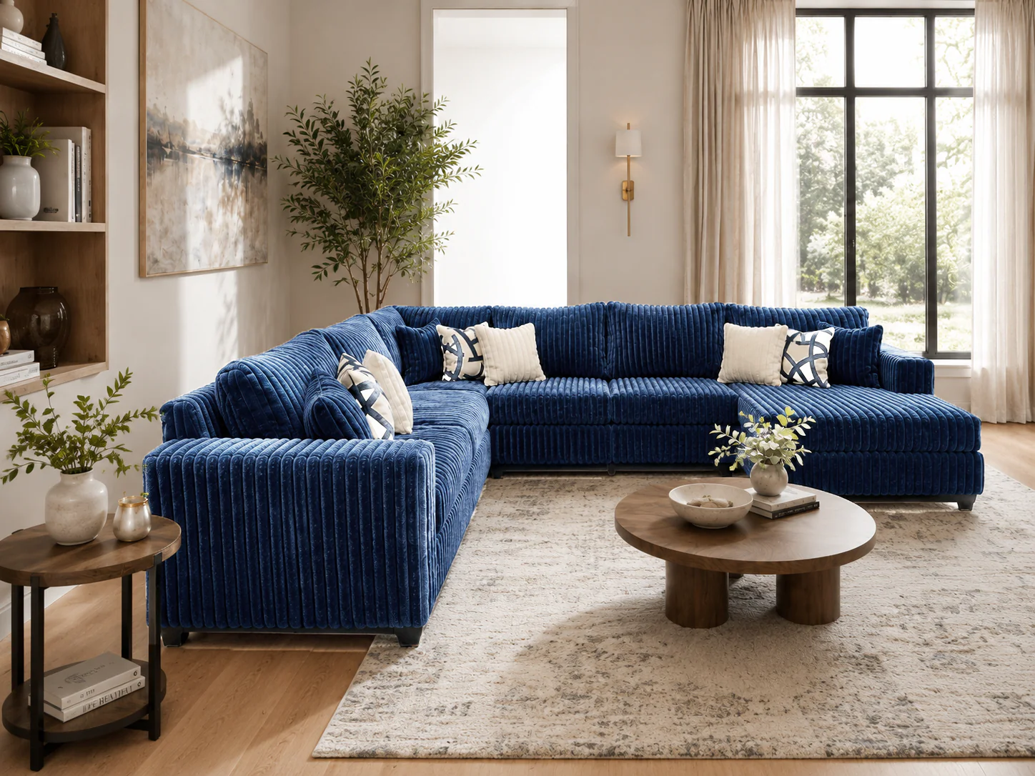 Modern Navy Blue Plush Corduroy 4 Piece Sectional Sofa with LAF Sofa, 2 Armless Chairs, RAF Chaise & 9 Pillows