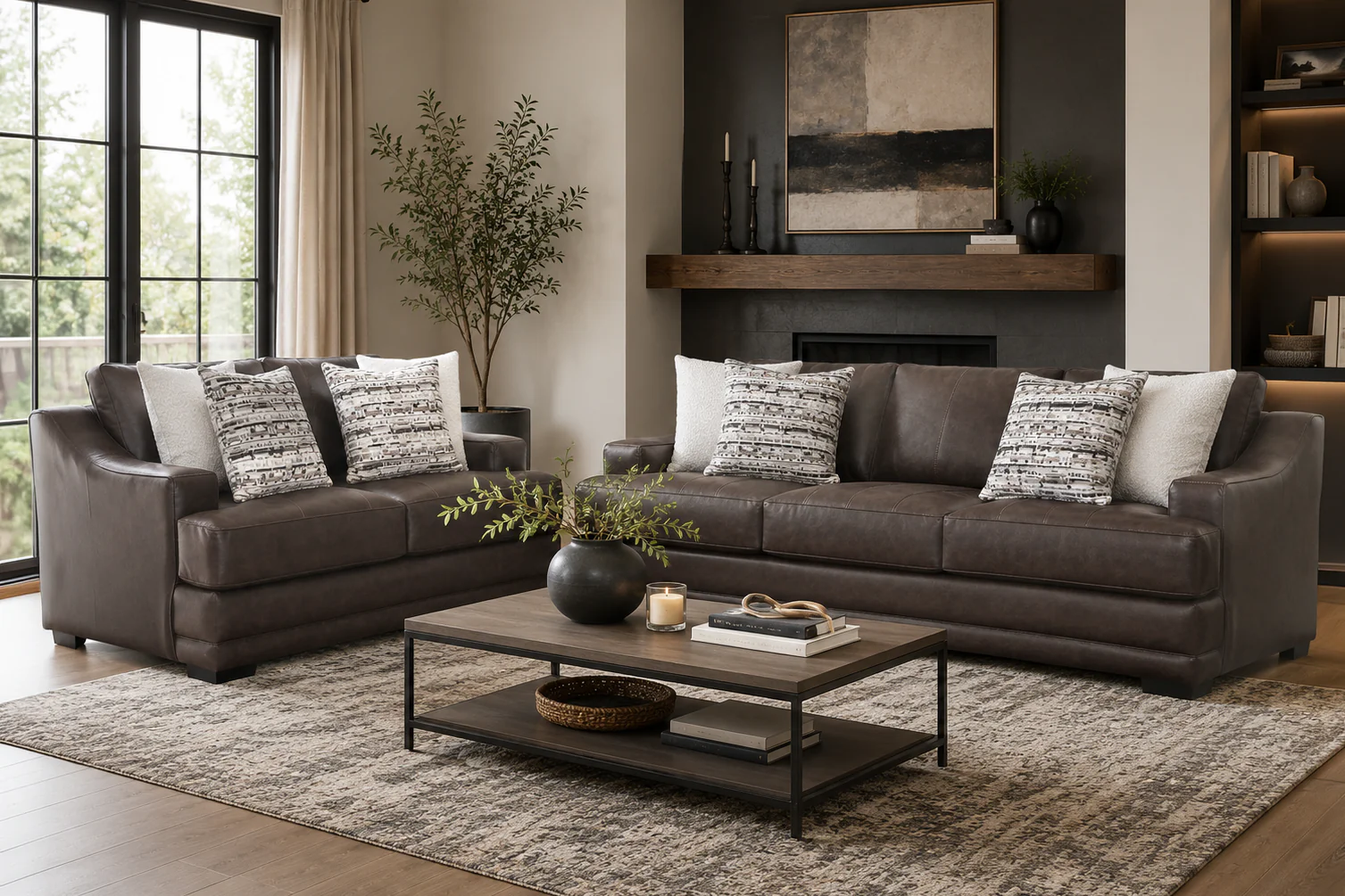 3649-transitional-dark-brown-2-piece-sofa-and-loveseat-set-with-flared-arms-reversible-cushions-1.webp Transitional Dark Brown 2 Piece Sofa and Loveseat Set with Flared Arms & Reversible Cushions