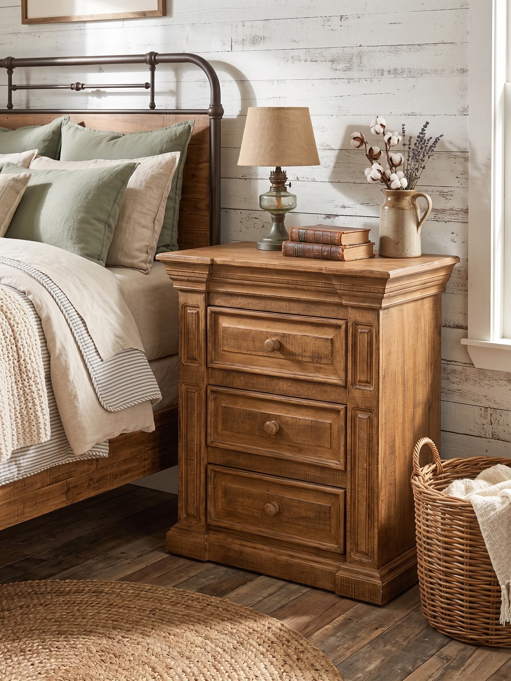 3653-traditional-rustic-solid-wood-nightstand-with-carved-panel-design-distressed-finish-1.webp Traditional Rustic Solid Wood Nightstand with Carved Panel Design & Distressed Finish