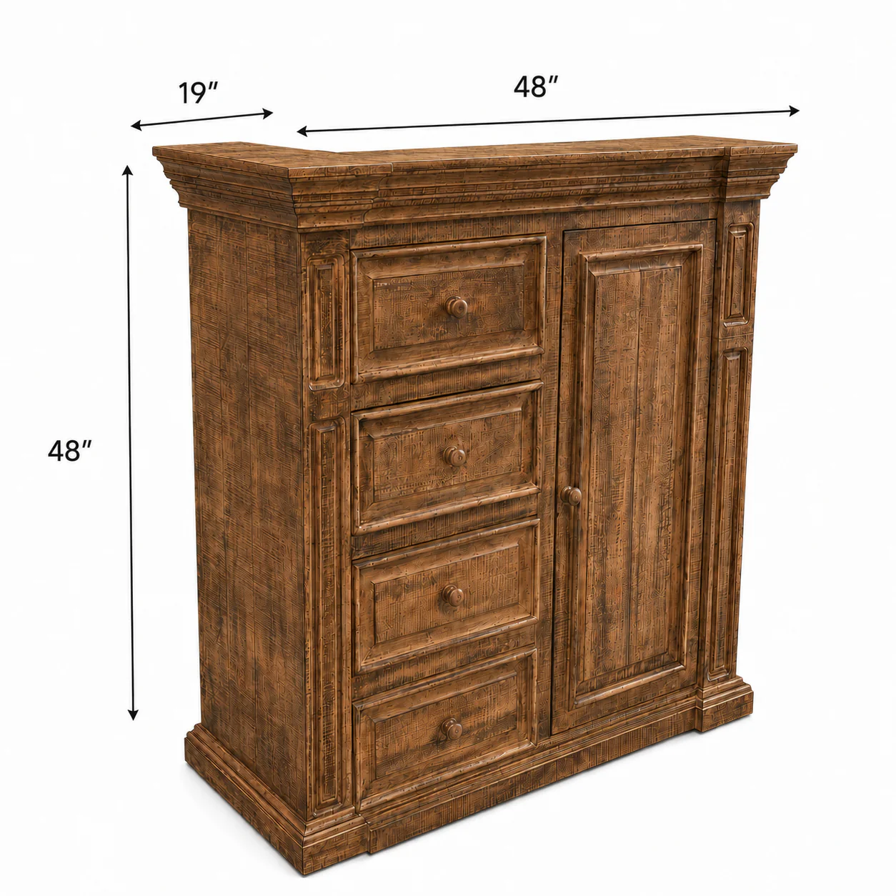 3654-traditional-rustic-natural-wood-chest-with-drawers-cabinet-door-carved-panel-design-4.webp Traditional Rustic Natural Wood Chest with Drawers, Cabinet Door & Carved Panel Design