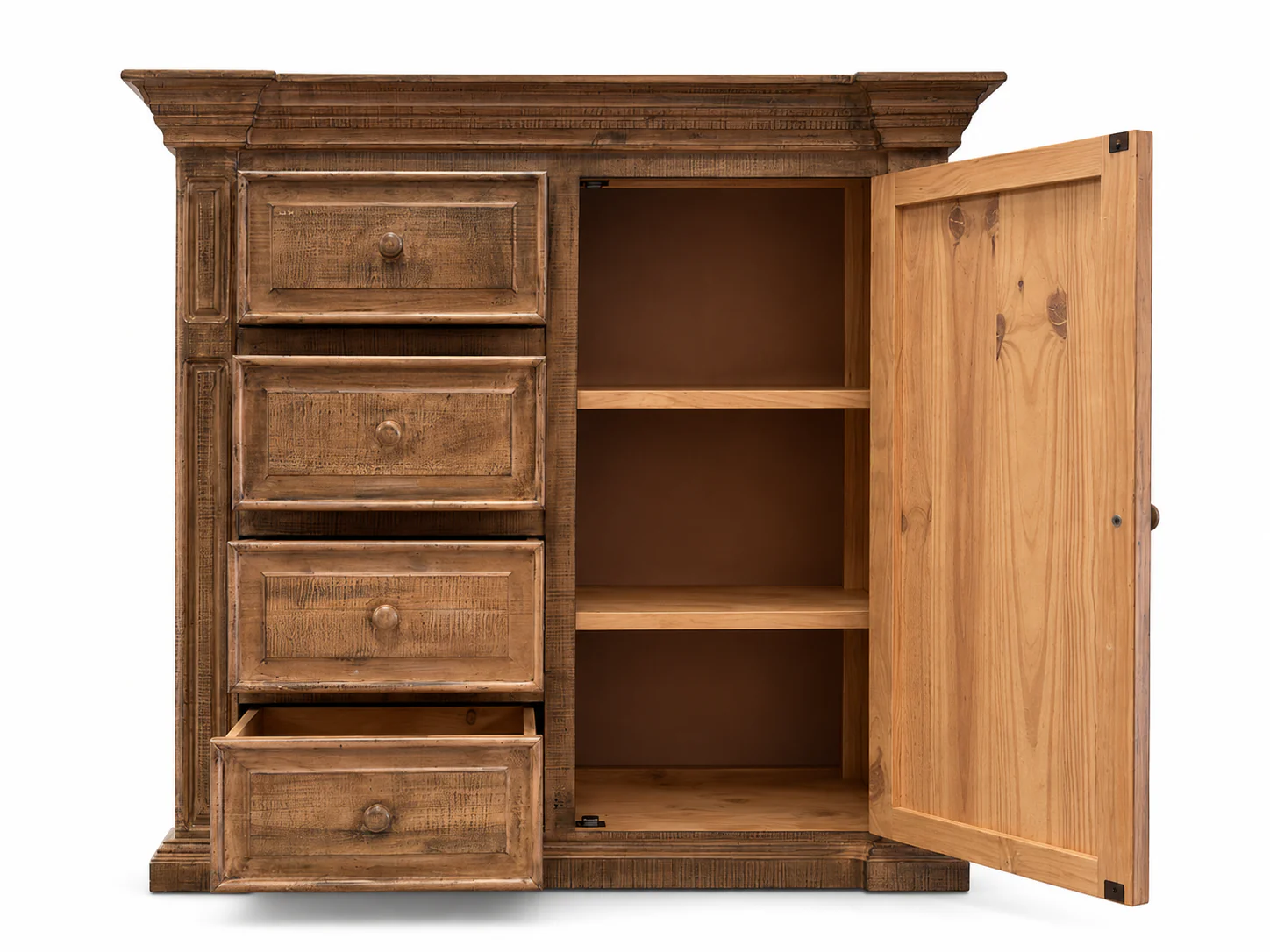 3654-traditional-rustic-natural-wood-chest-with-drawers-cabinet-door-carved-panel-design-5.webp Traditional Rustic Natural Wood Chest with Drawers, Cabinet Door & Carved Panel Design