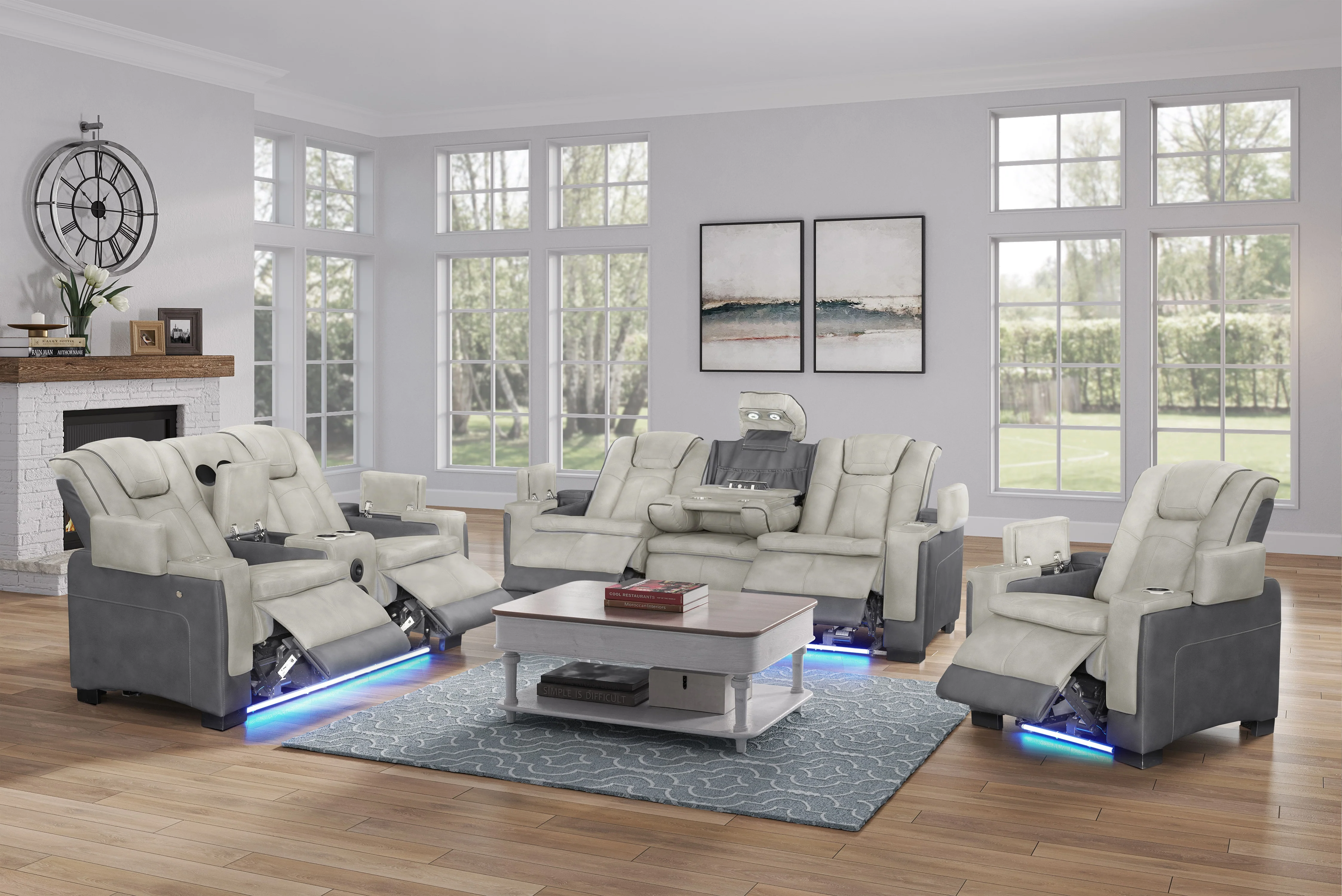 Gray Two-Tone Power Reclining Living Room Set with Power Headrests, LED Lighting, Console Storage, Bluetooth Speakers & USB Charging