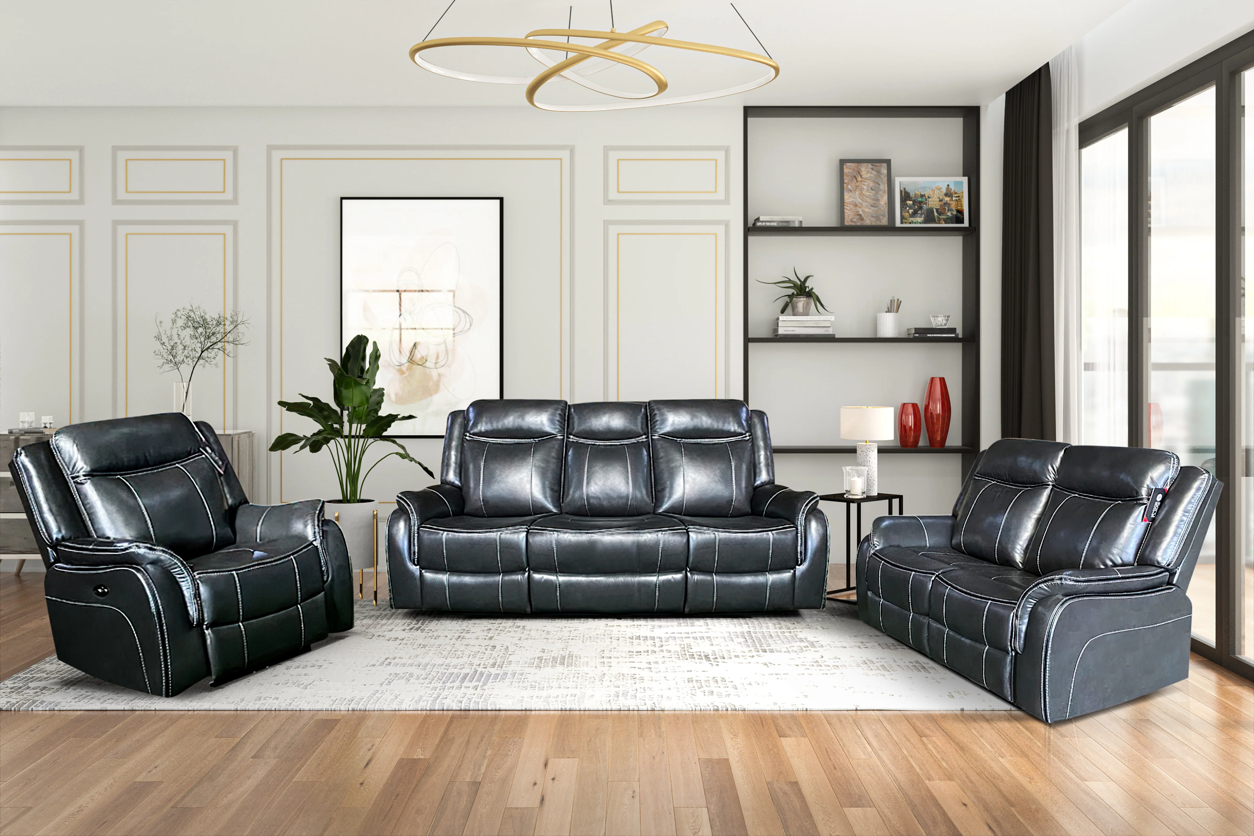 Dark Grey 3-Piece Reclining Living Room Set with Power Reclining Sofa, Drop-Down Table & Power Recliner