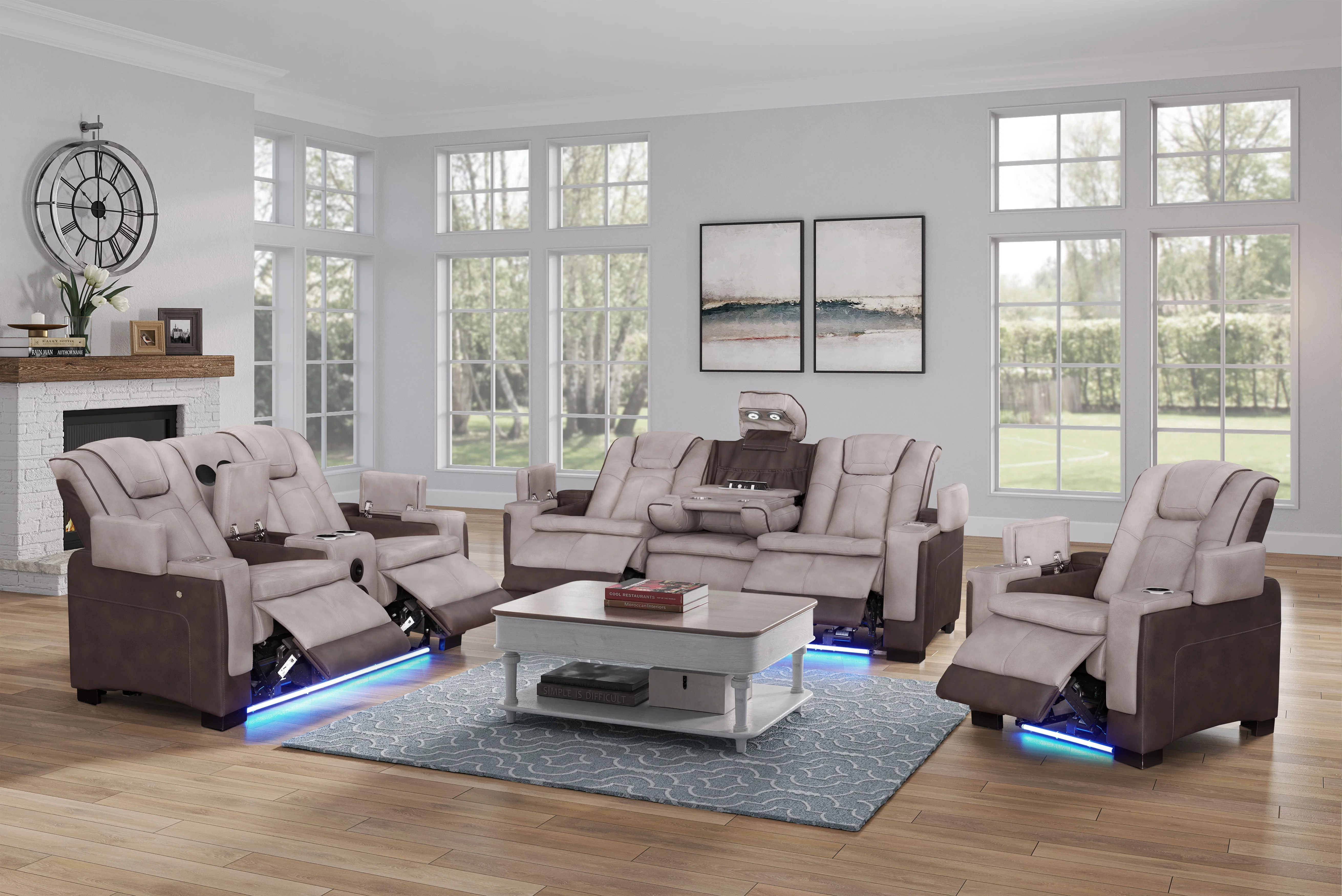 3-Piece Beige & Brown Power Reclining Living Room Set with Power Headrests, Bluetooth Speakers, Wireless Charging & LED Lights