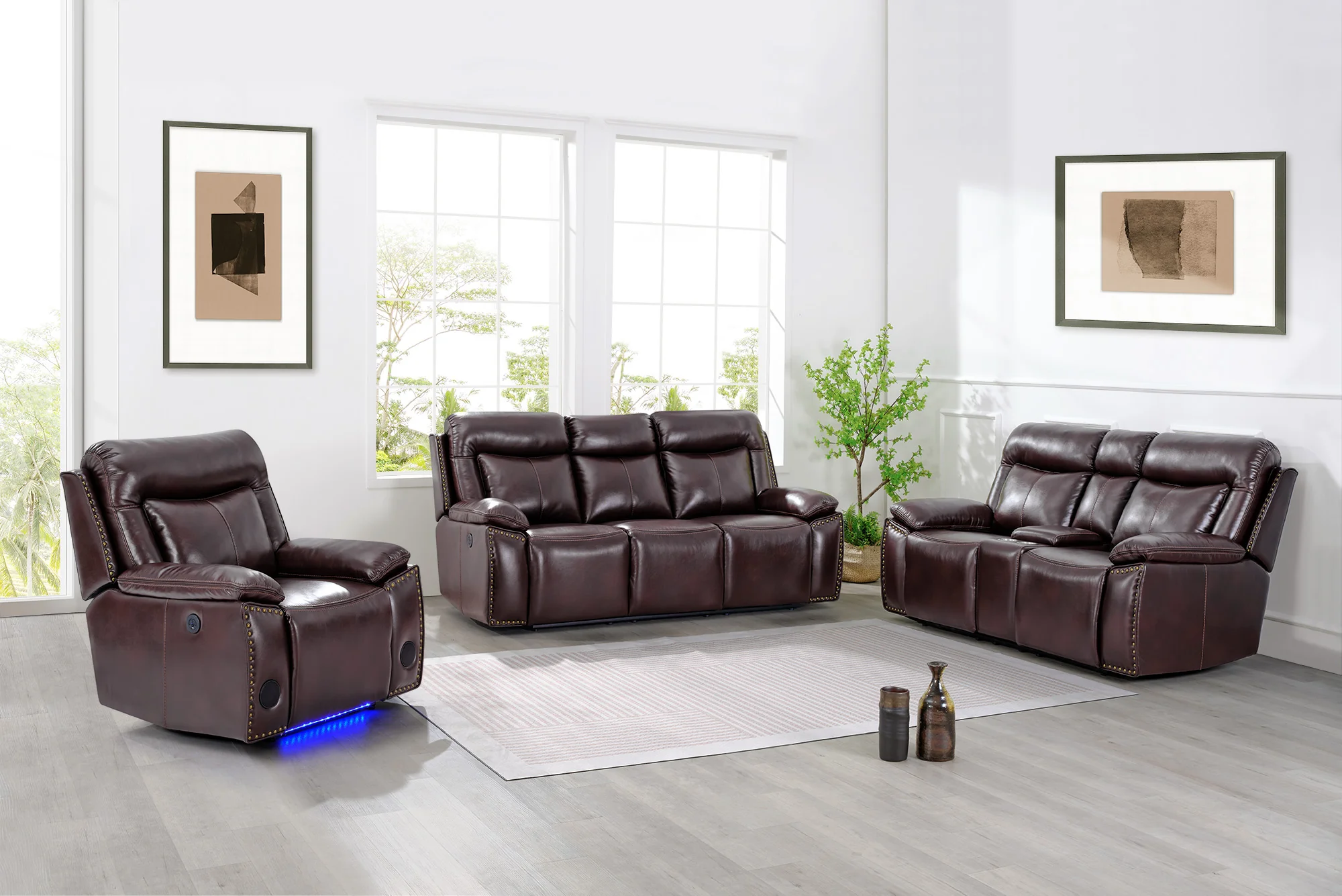 3-Piece Brown Power Reclining Living Room Set with Console Loveseat, USB & Bluetooth Speaker