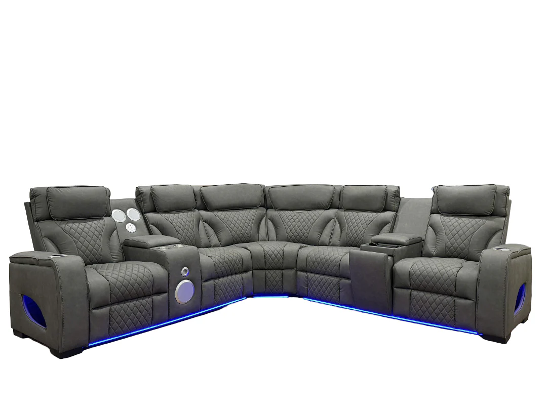 Contemporary Gray Power Reclining Sectional with Power Headrests, LED, Speakers & Wireless Charging