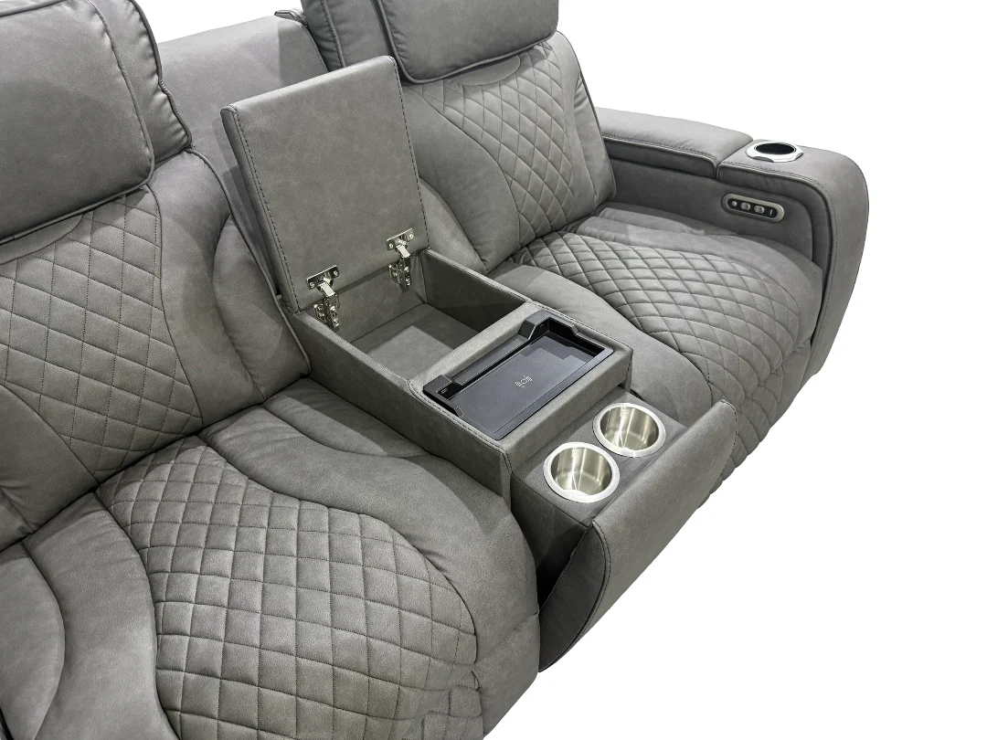 Contemporary Gray Power Reclining Sectional with Power Headrests, LED, Speakers & Wireless Charging