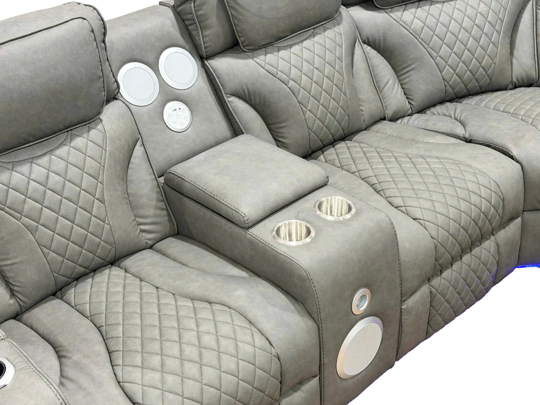 Contemporary Gray Power Reclining Sectional with Power Headrests, LED, Speakers & Wireless Charging