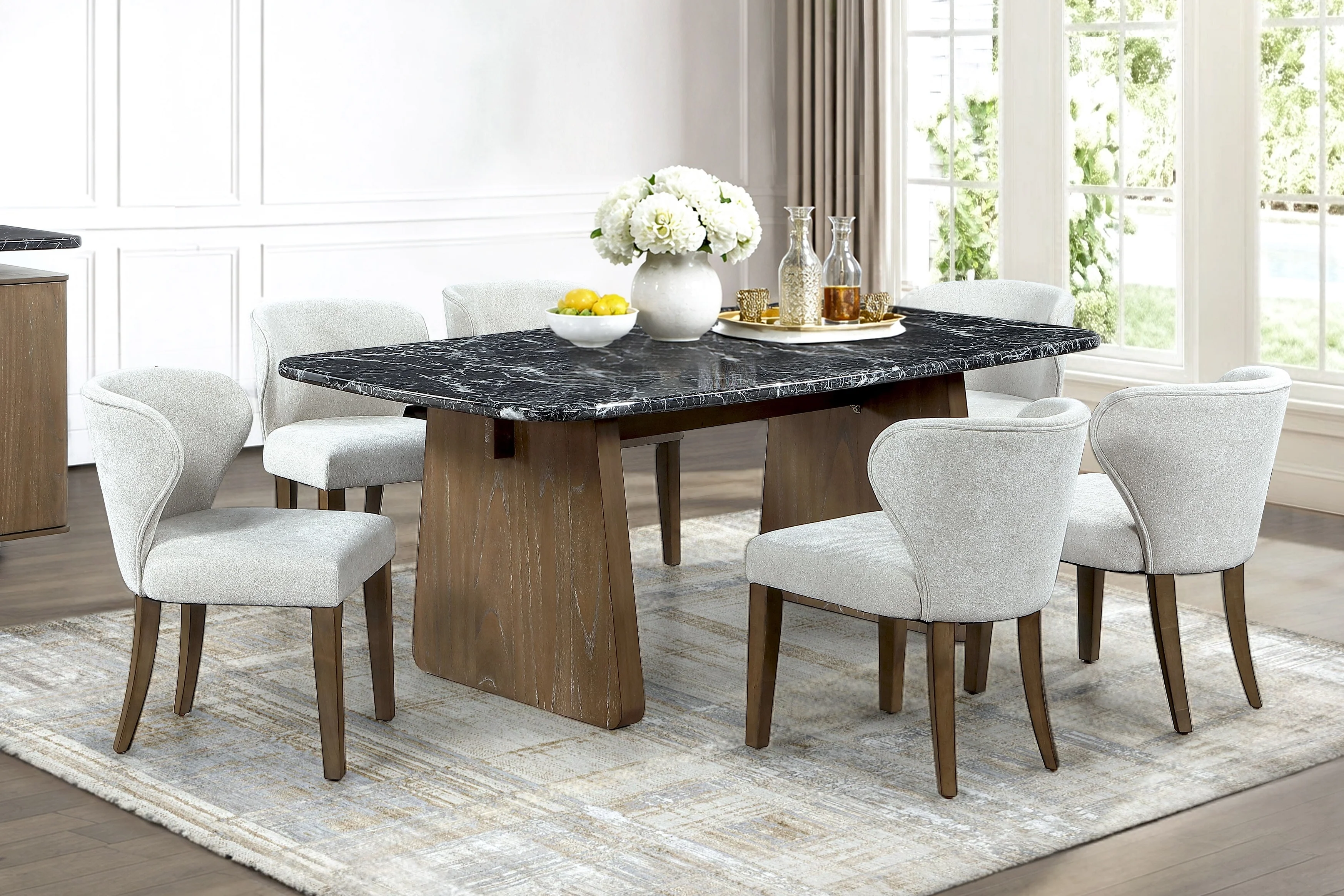 3673-contemporary-walnut-brown-black-marble-look-7-piece-dining-room-set-1.webp Contemporary Walnut Brown & Black Marble-Look 7-Piece Dining Room Set