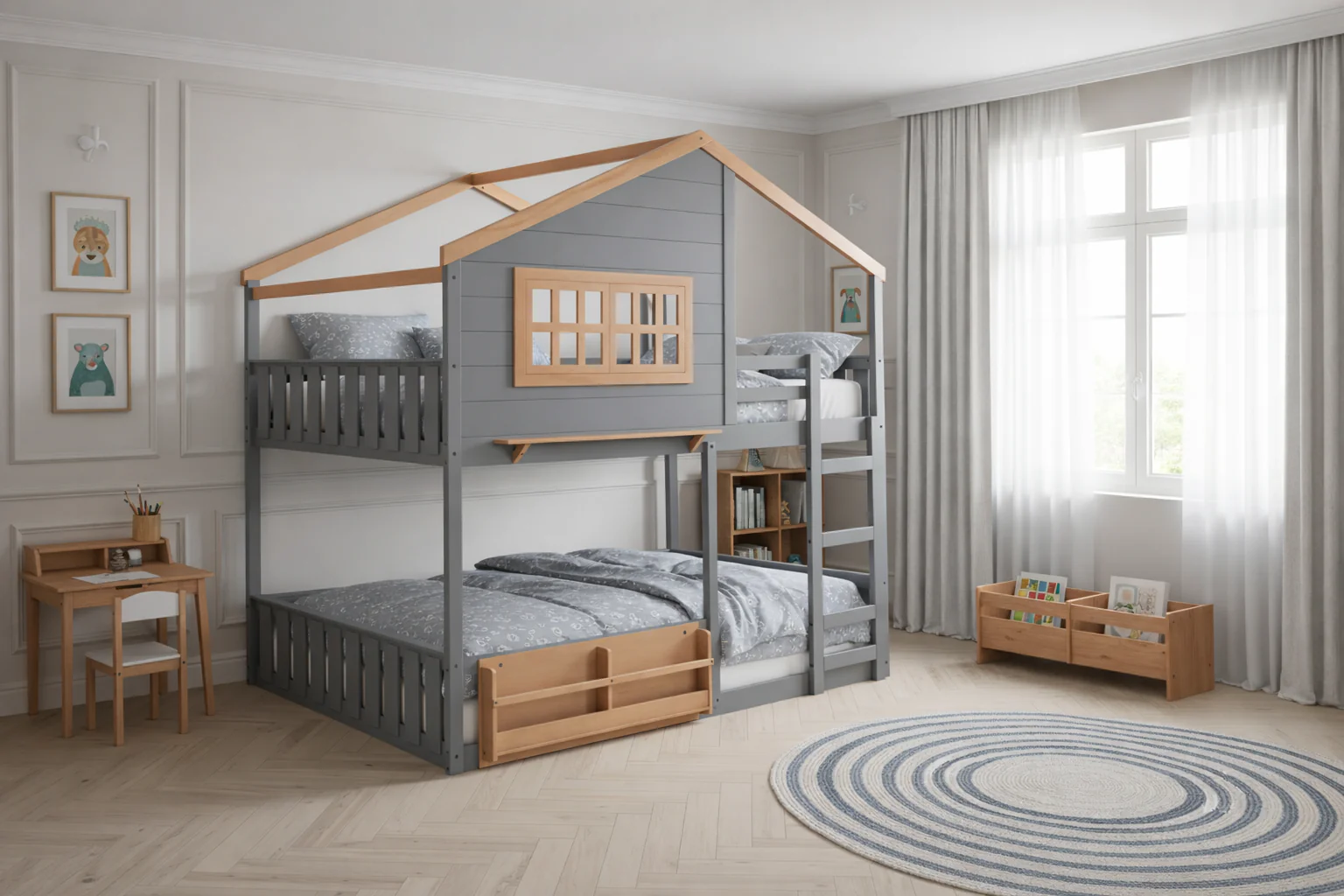3681-modern-farmhouse-house-frame-full-over-full-bunk-bed-with-ladder-guard-rails-built-in-shelf-gray-2.webp Modern Farmhouse House-Frame Full-over-Full Bunk Bed with Ladder, Guard Rails & Built-In Shelf (Gray)