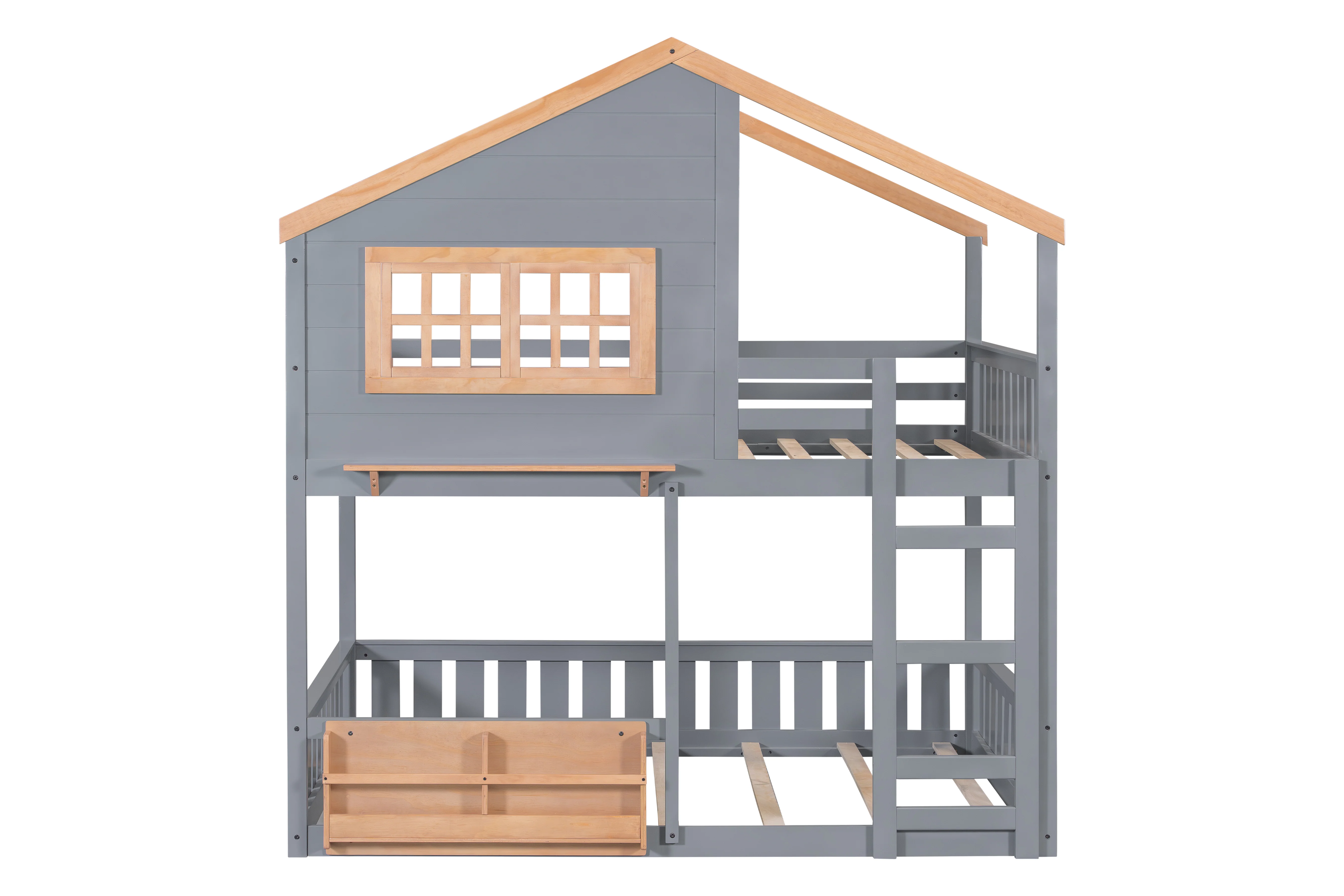 3681-modern-farmhouse-house-frame-full-over-full-bunk-bed-with-ladder-guard-rails-built-in-shelf-gray-5.webp Modern Farmhouse House-Frame Full-over-Full Bunk Bed with Ladder, Guard Rails & Built-In Shelf (Gray)