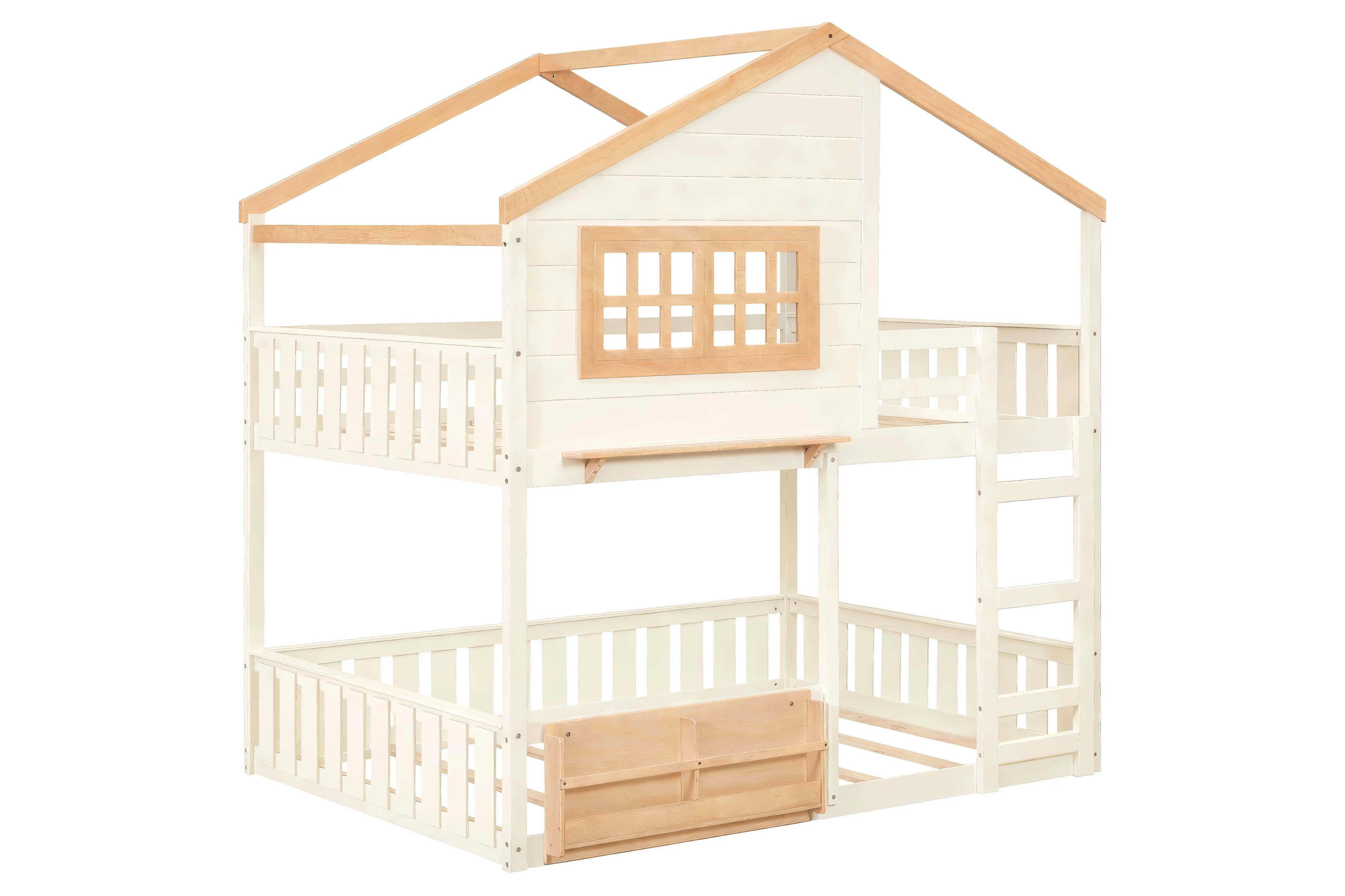 Modern Farmhouse House-Frame Full-over-Full Bunk Bed with Ladder & Built-In Shelf (Cream)