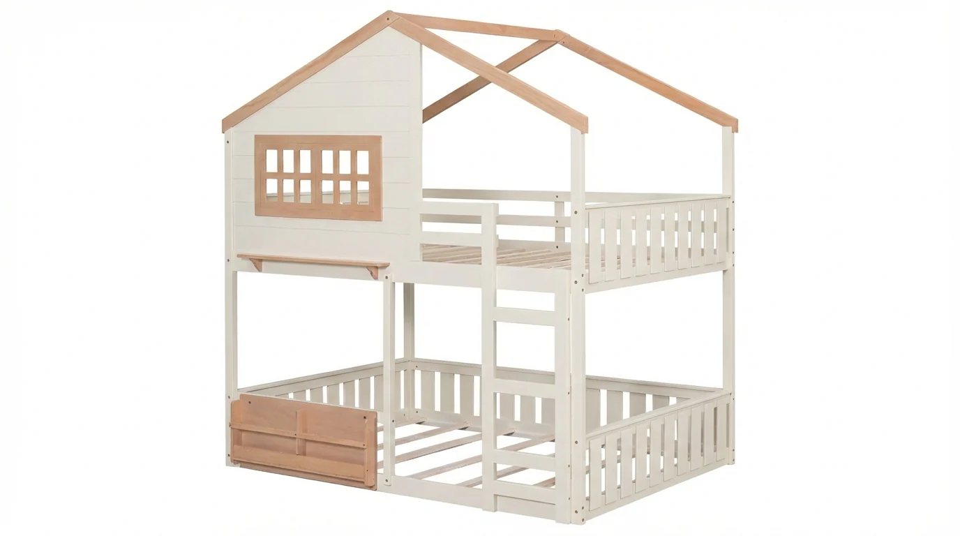 Modern Farmhouse House-Frame Full-over-Full Bunk Bed with Ladder & Built-In Shelf (Cream)