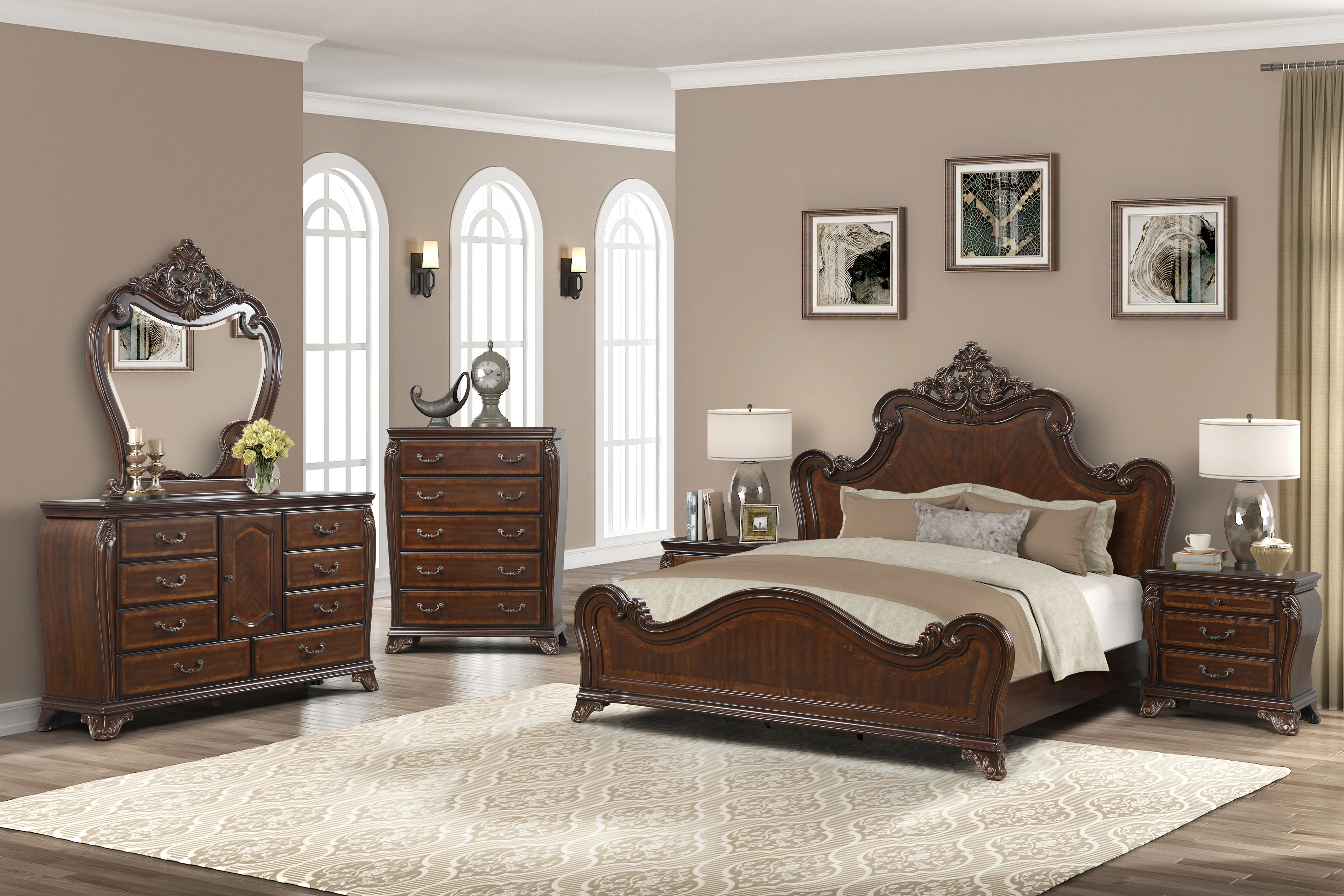 Traditional 6-Piece Bedroom Set with Ornate Panel Bed, Dresser, Mirror & Nightstand (Cherry Brown)